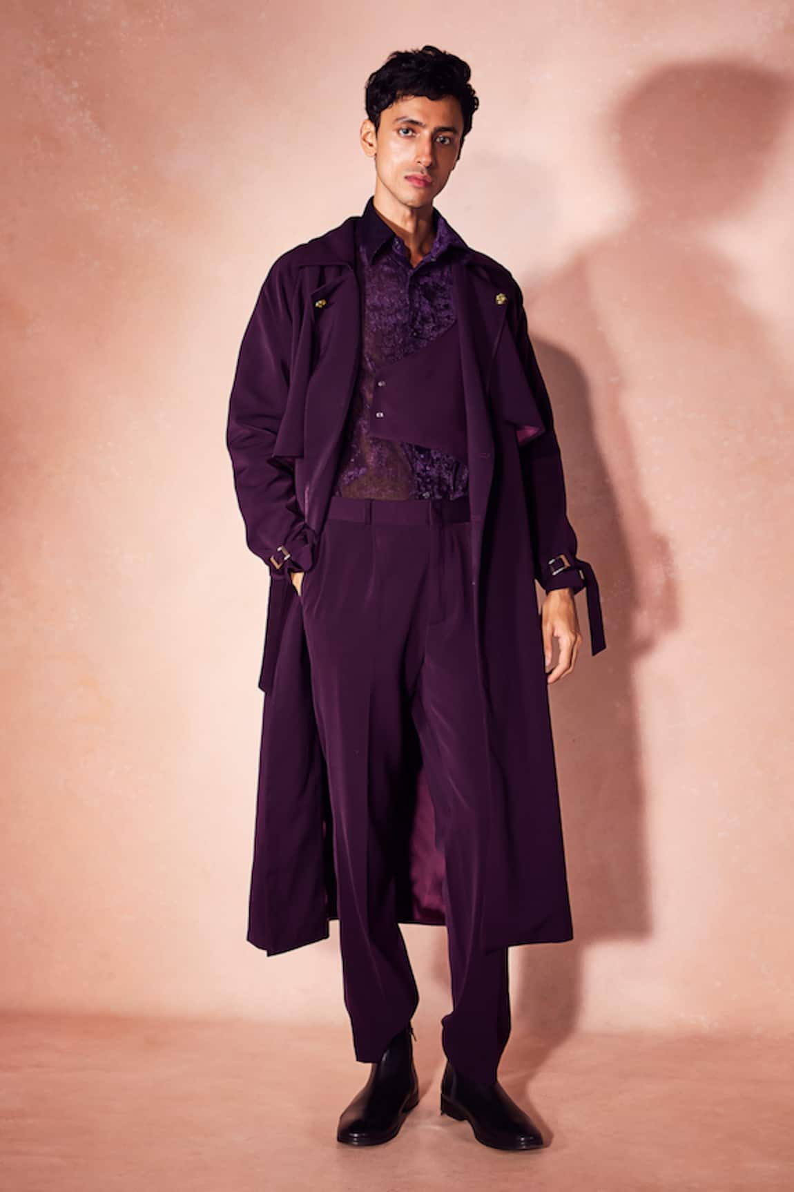 Nirmooha Plum Long Trench Coat & Pant Set 