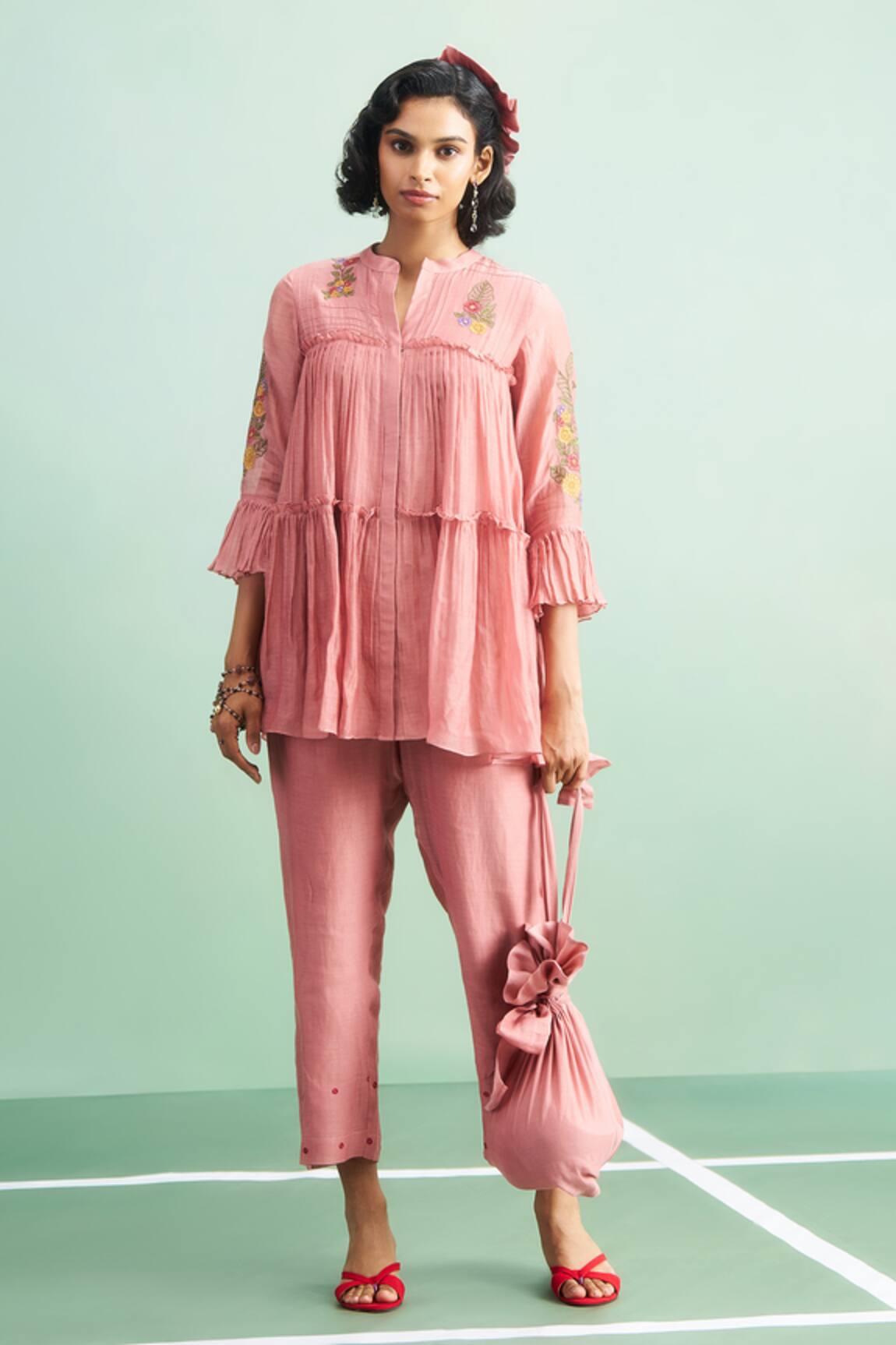 Purple Patch Peony Embroidered Peplum Top & Pant Set