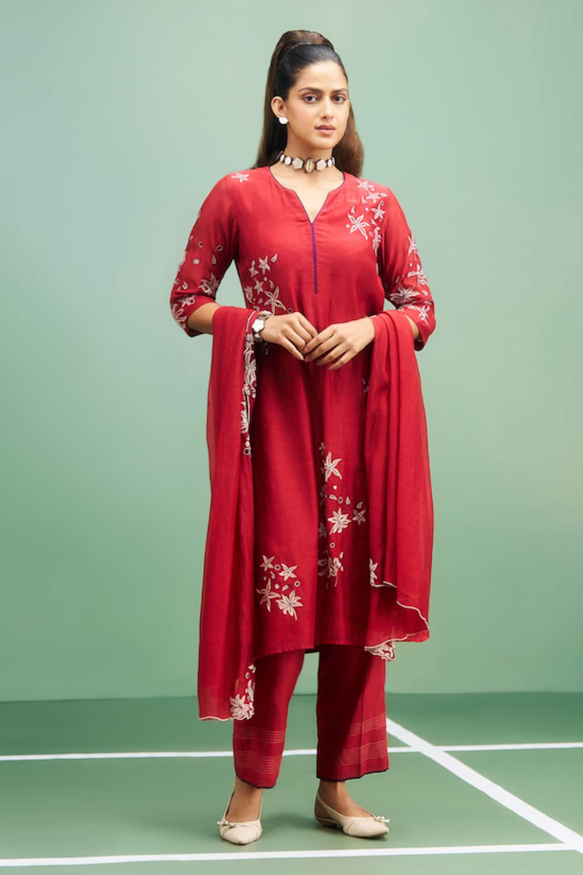 Purple Patch Hibiscus Embroidered Kurta Set