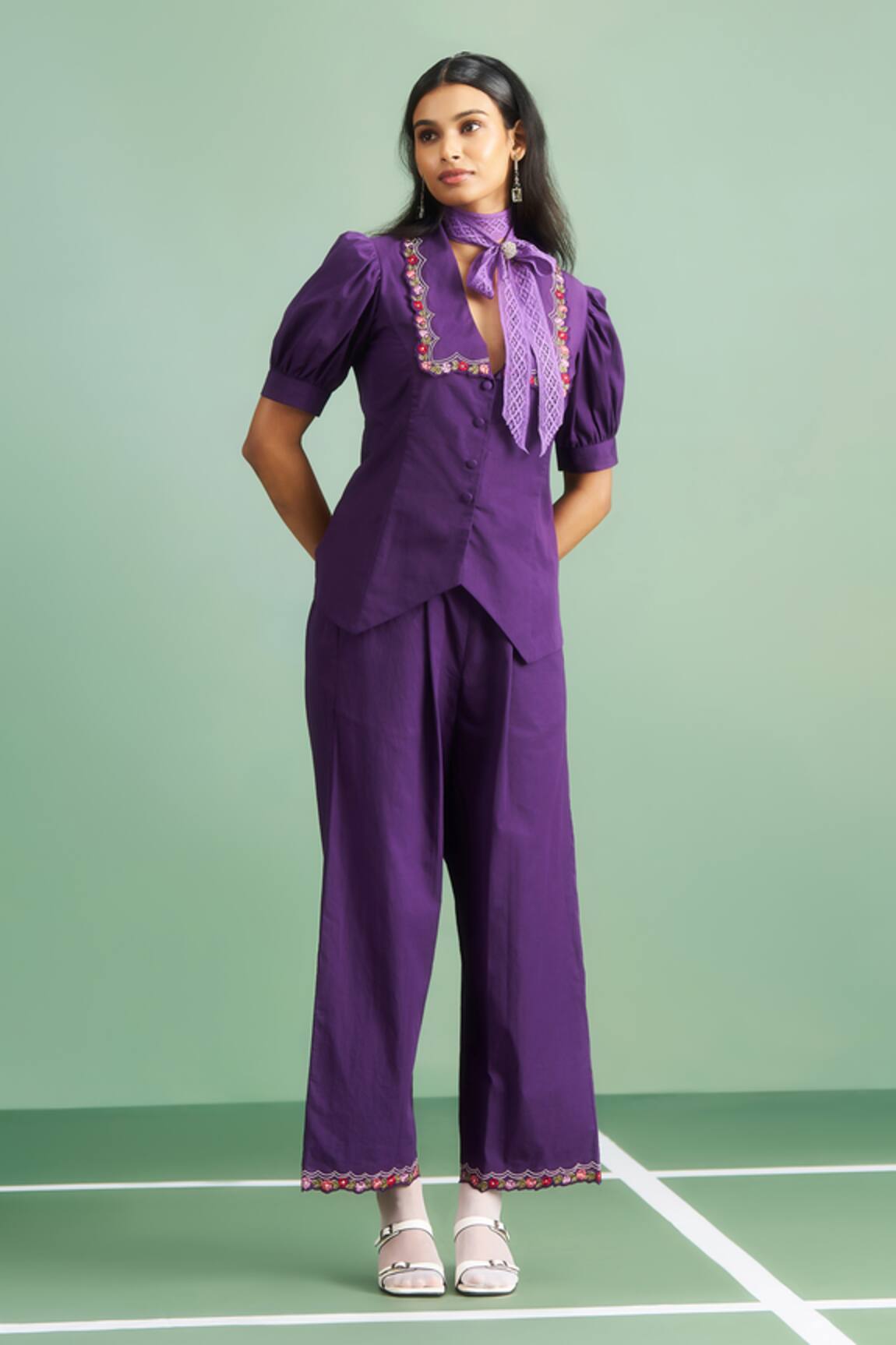 Purple Patch Allium Embroidered Top & Pant Set