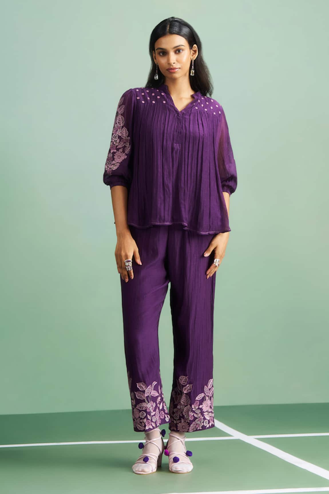 Purple Patch Wisteria Embroidered Top & Pant Set