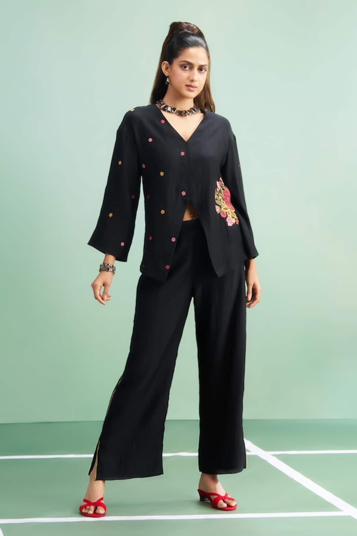 Purple Patch Black Rose Embroidered Top With Pant