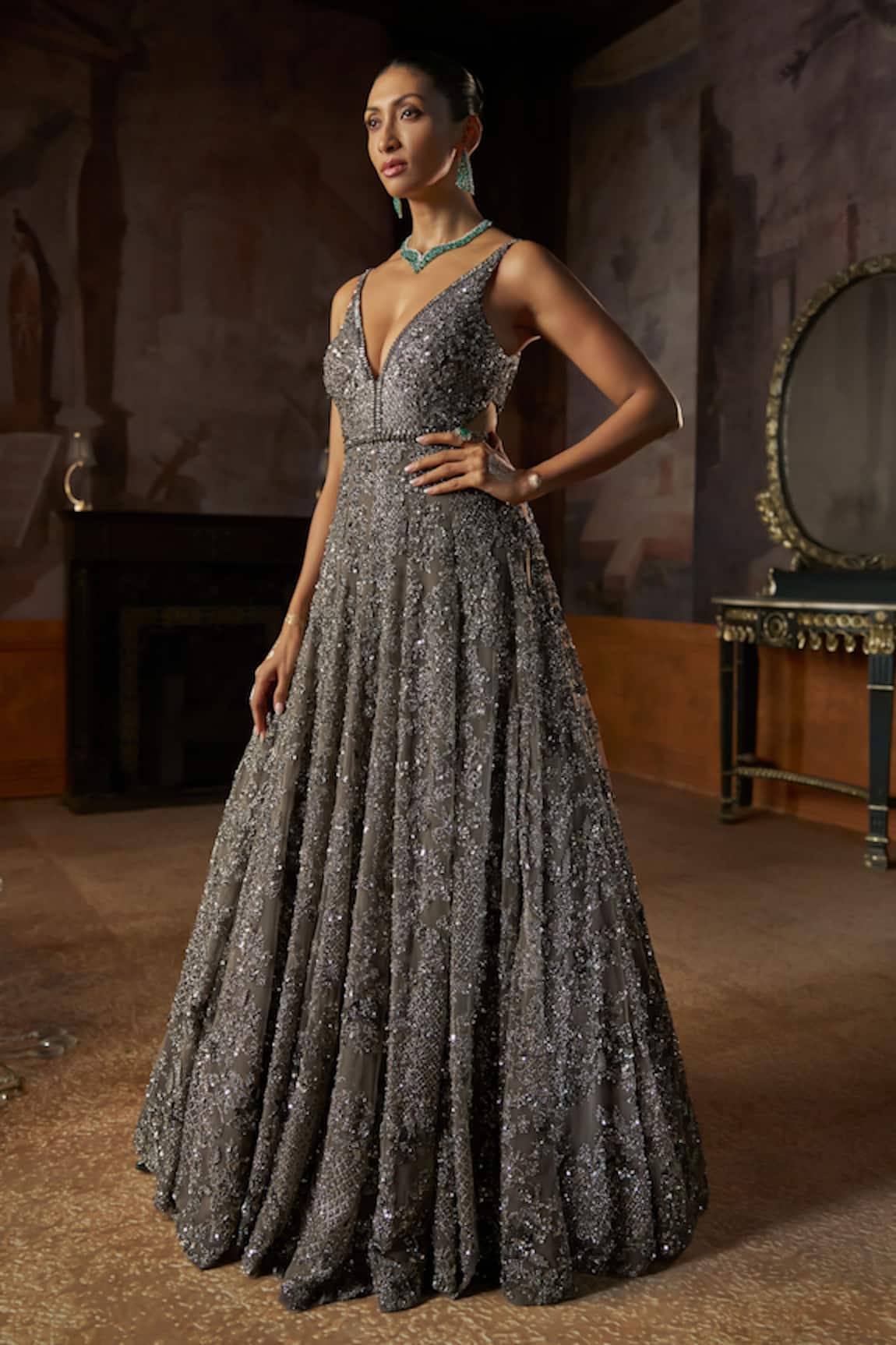 Seema Gujral Charcoal Sequin Embroidered Net Gown 