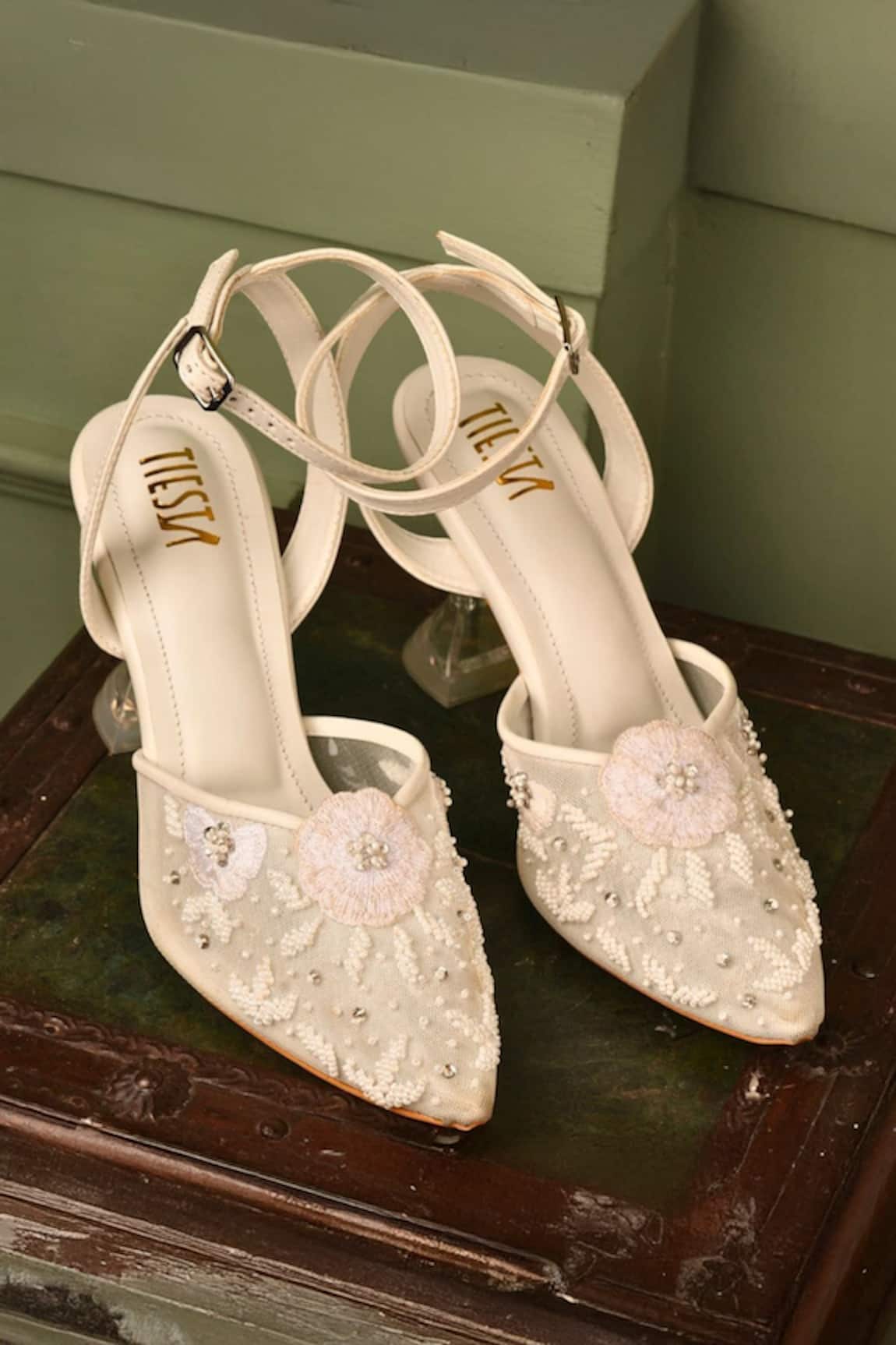 Tiesta Embellished Net Pointed Toe Heels 