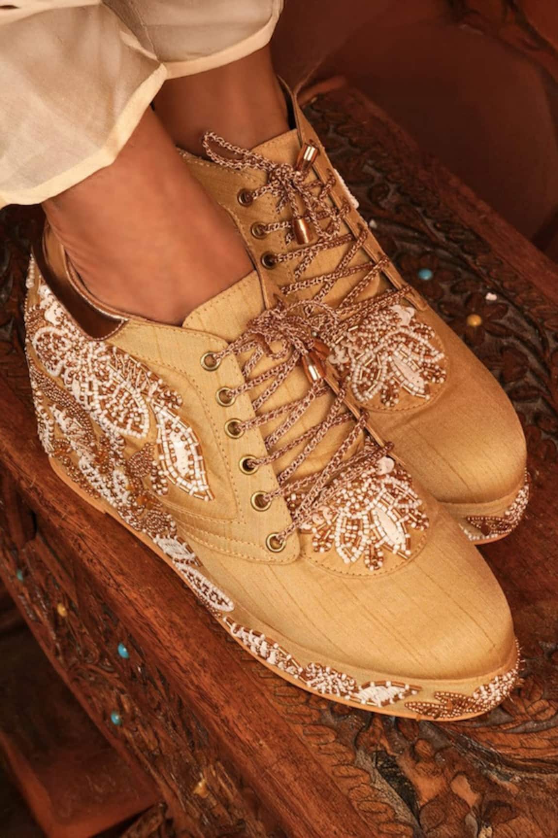 Tiesta Embroidered Raw Silk Sneaker Wedges 