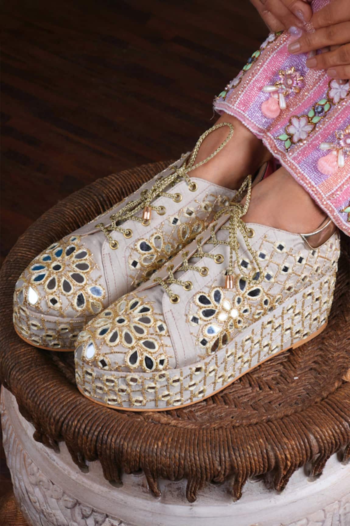 Tiesta Mirror Embroidered Raw Silk Sneaker Wedges 