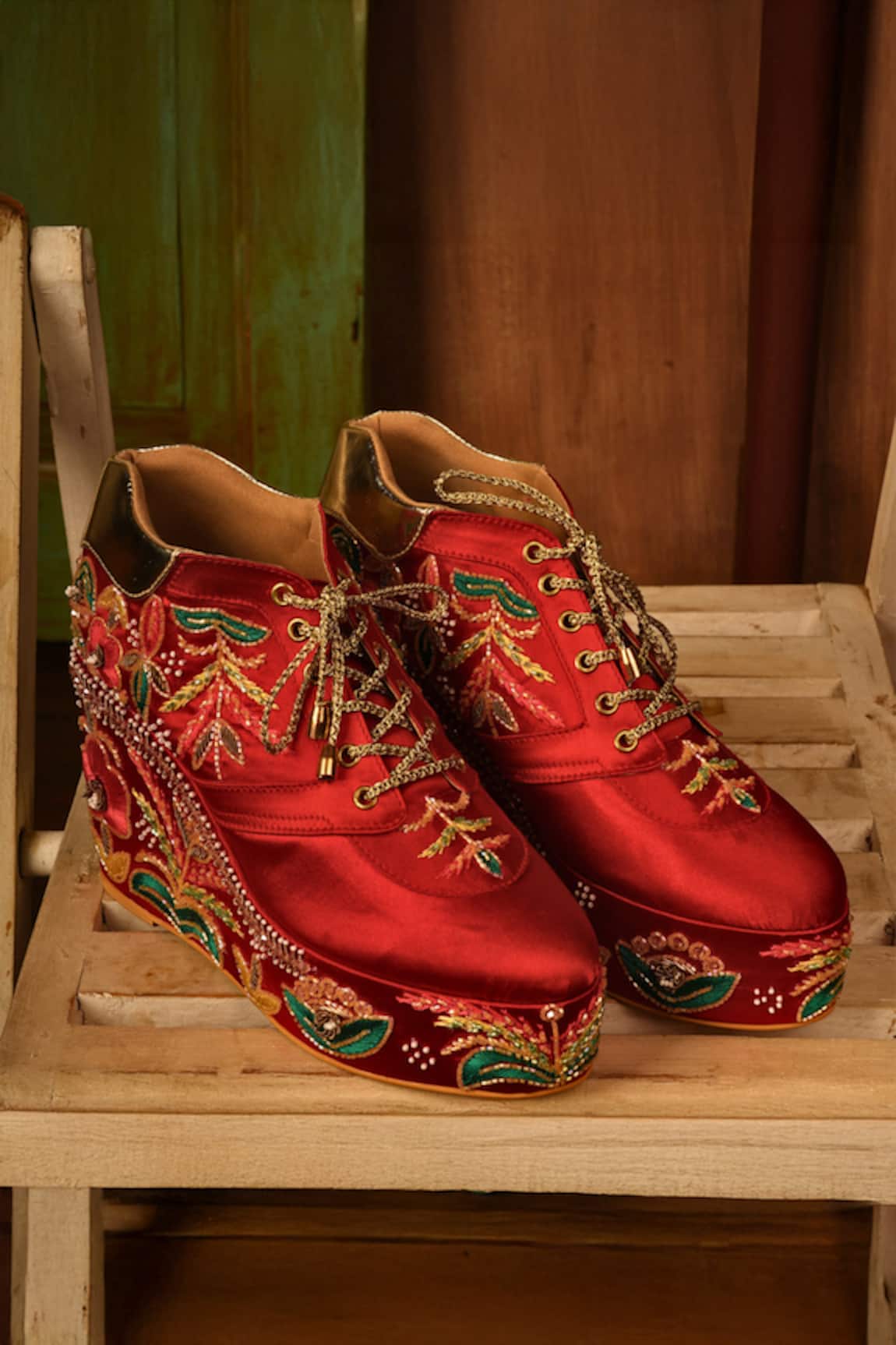 Tiesta Embroidered Satin Sneaker Wedges 
