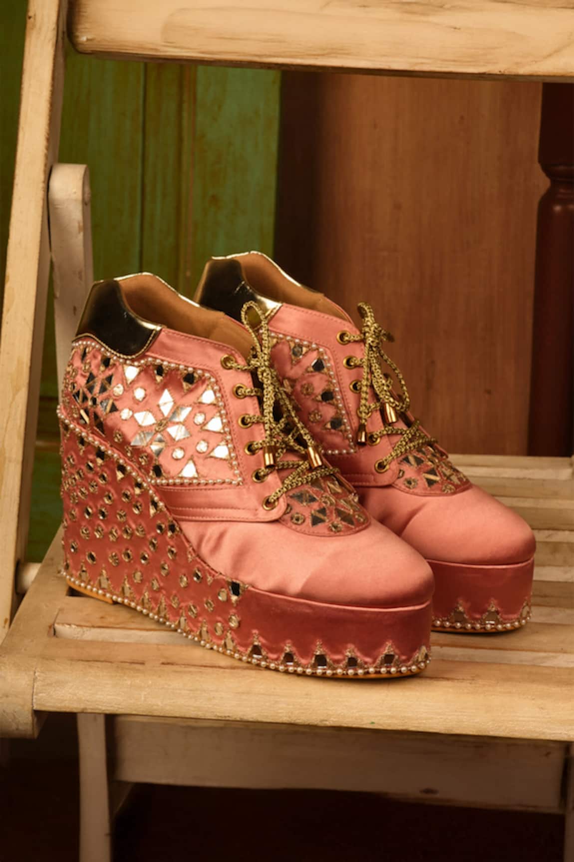 Tiesta Mirror & Pearl Embellished Sneaker Wedges 