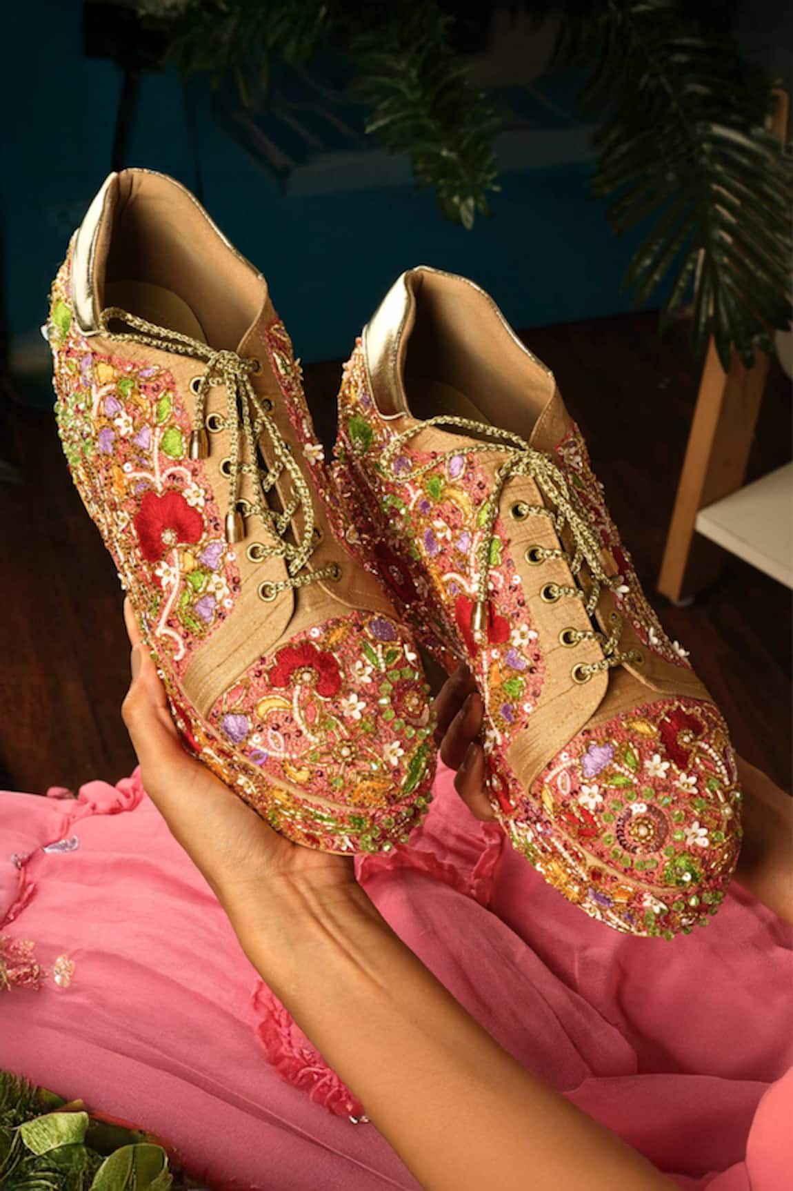 Tiesta Floral Embroidered Raw Silk Sneaker Wedges 