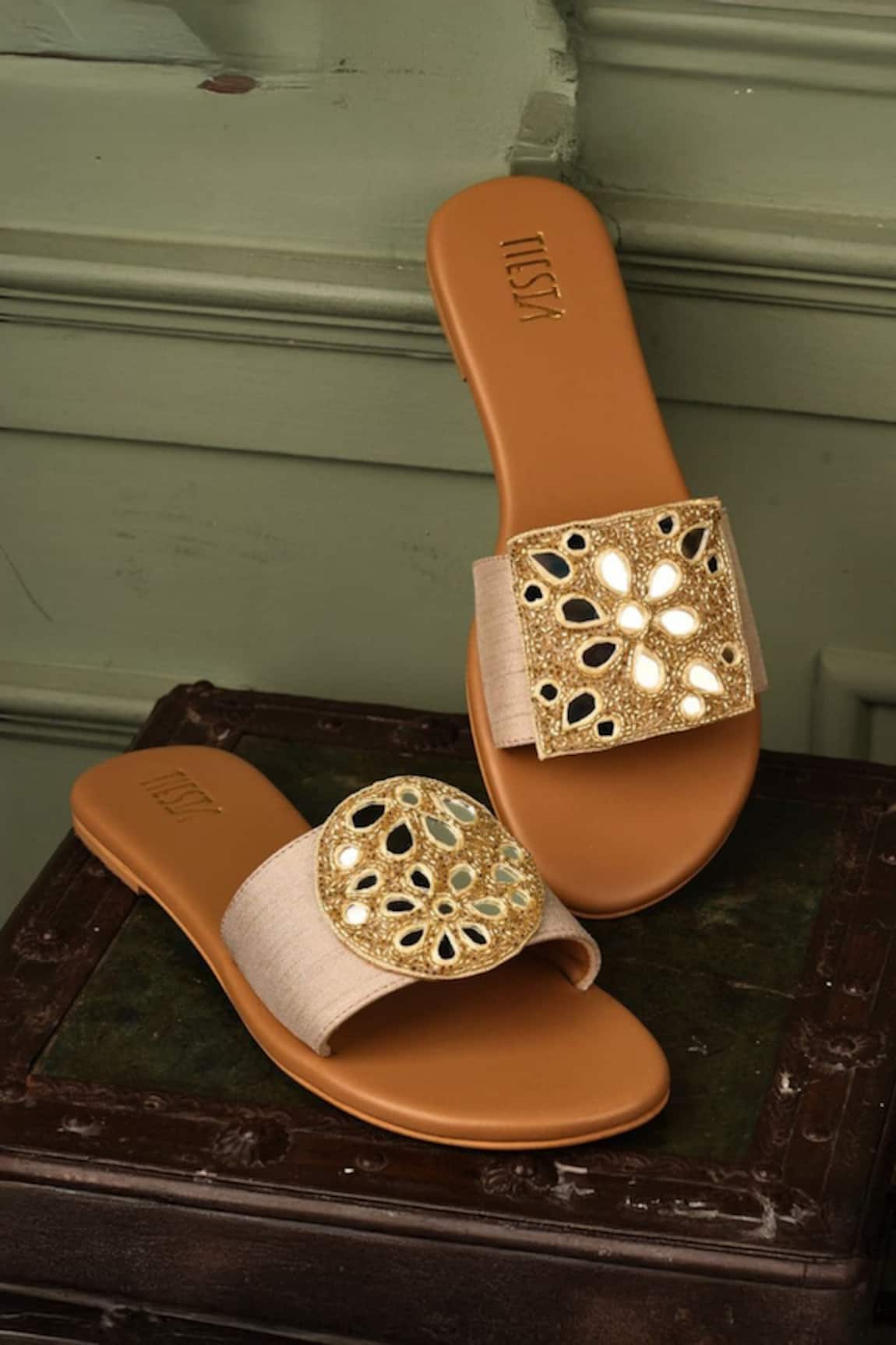 Tiesta Mirror Embellished Raw Silk Flats 