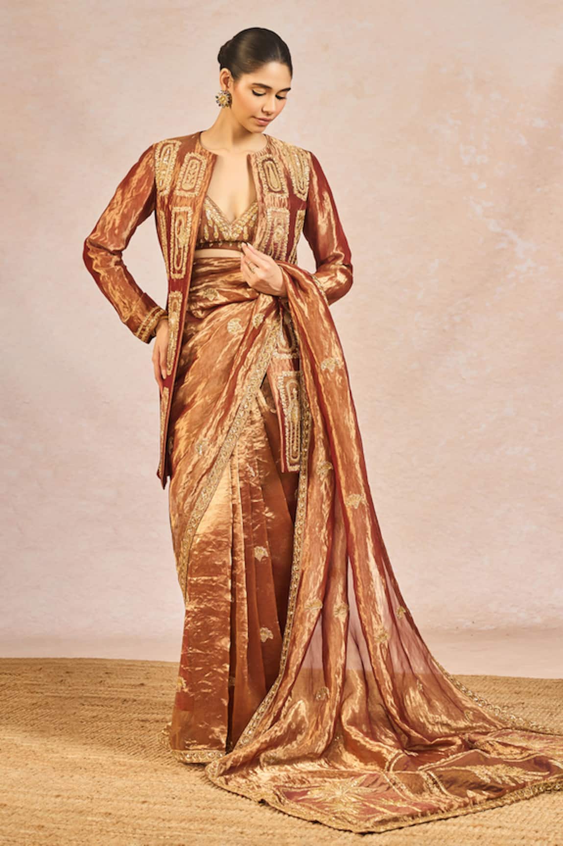 Masaba Zard Sitara Tissue Saree Set With Jacket 