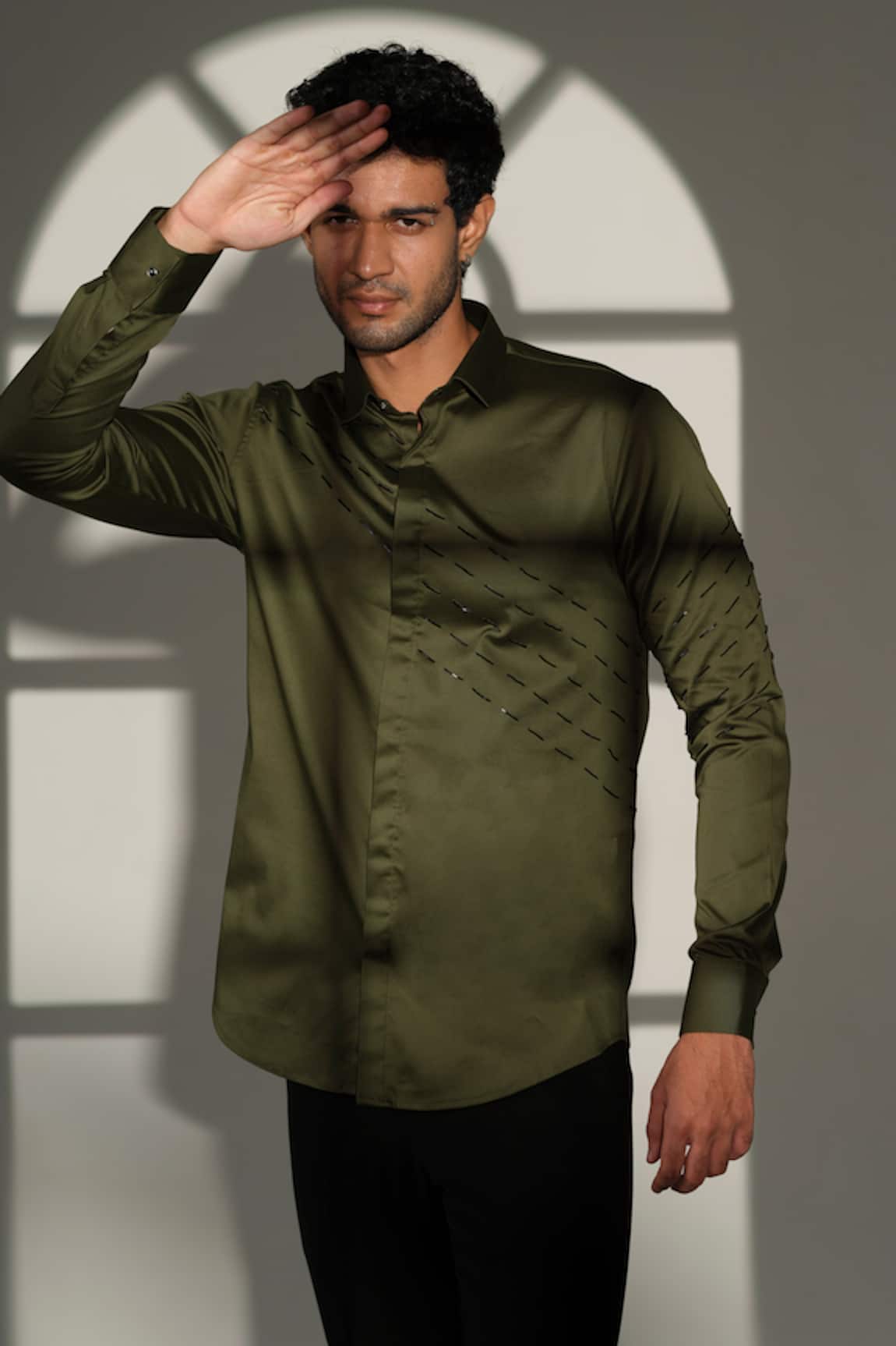Sanjana Reddy Designs Slant Sally Lines Placement Embroidered Shirt 