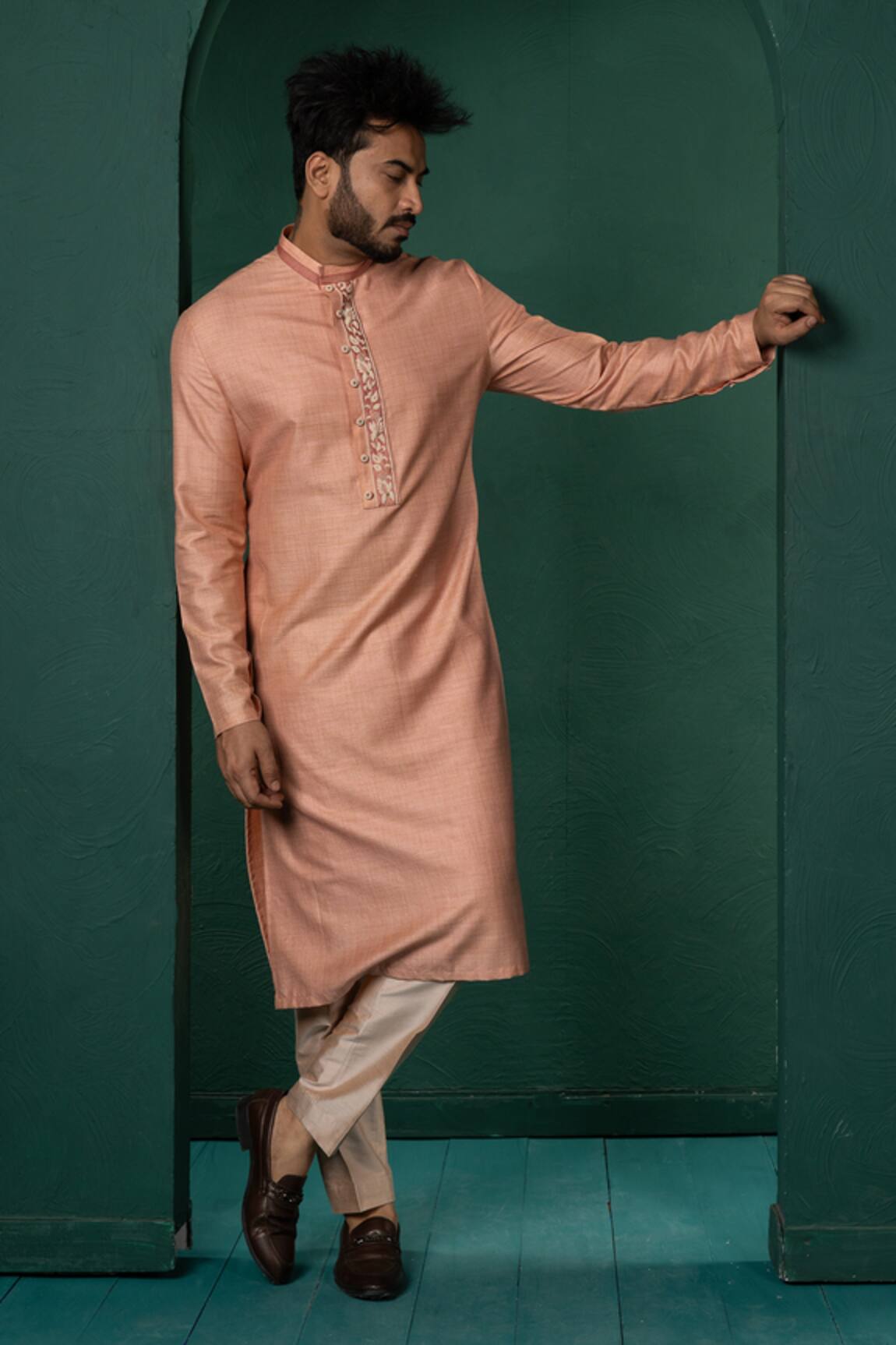Minikin Peach Pearl Embroidered Kurta With Pant 
