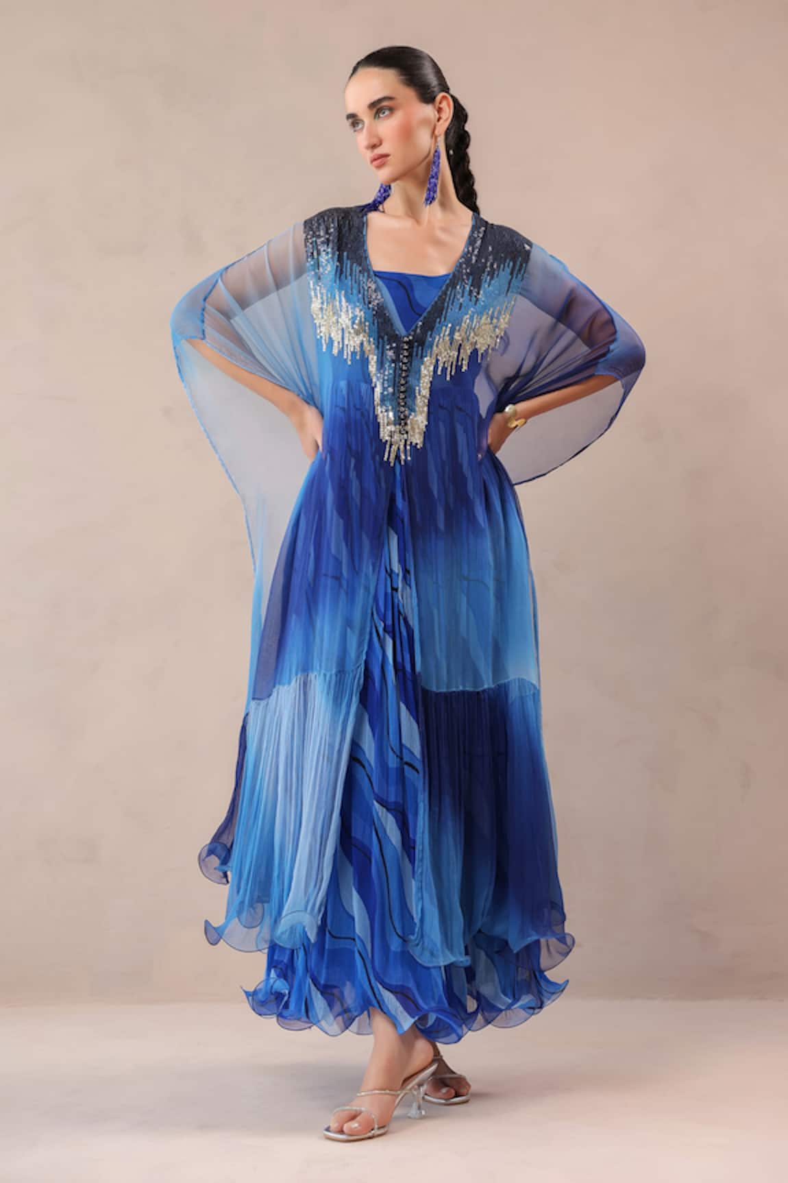 Pallavi Jaipur Amber & Ocean Blue Bling Kaftan With Dress 