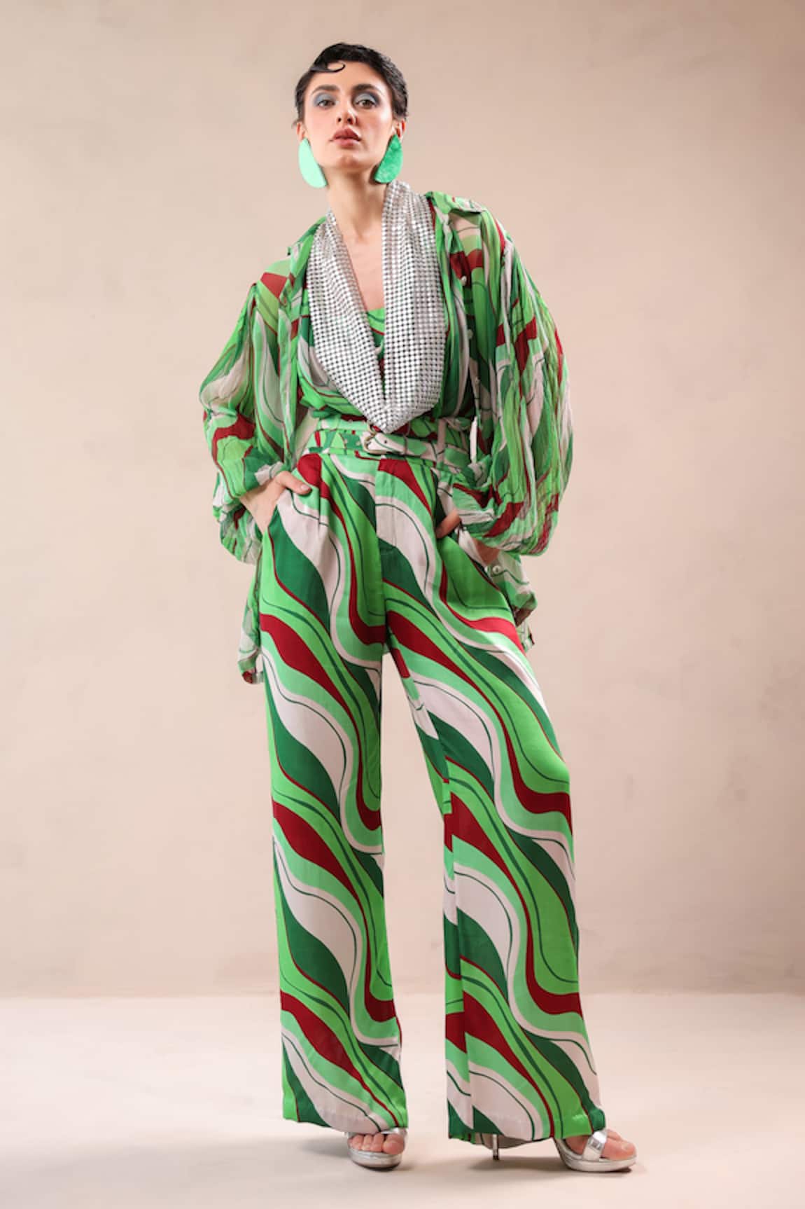 Pallavi Jaipur Green Lehar Print Shirt & Pant Set 