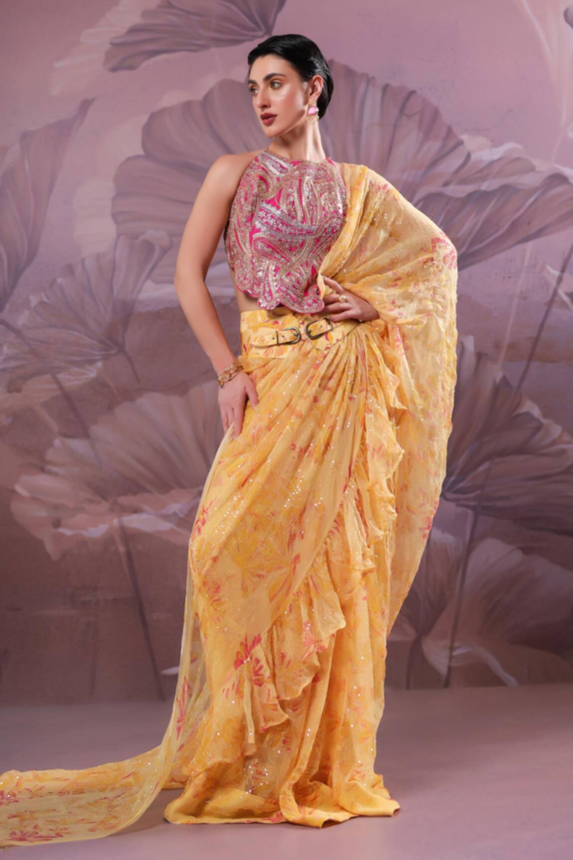 Pallavi Jaipur Jhilmil Pre-Draped Ruffle Saree With Ambi Rani Blouse 