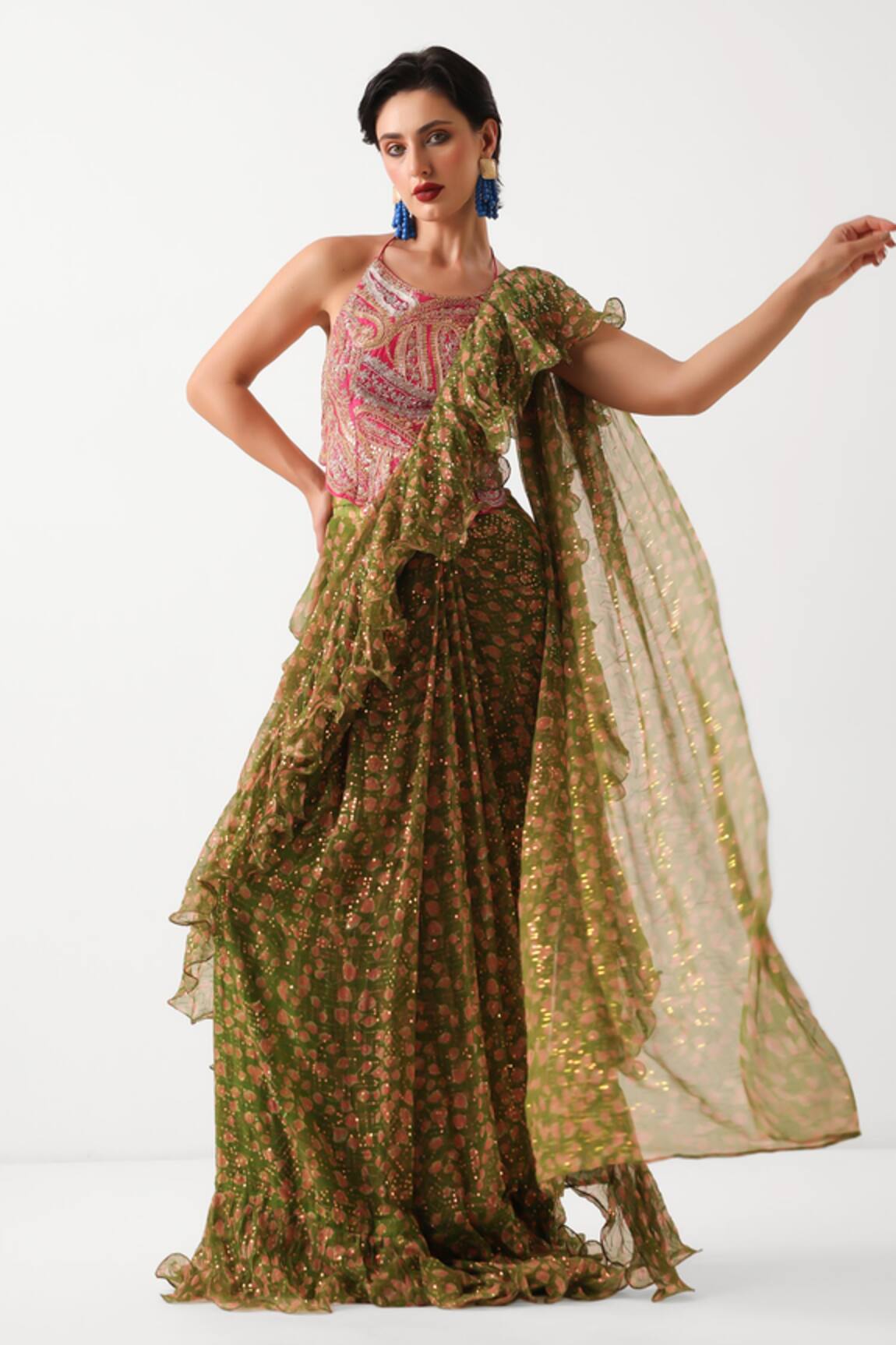 Pallavi Jaipur Ezra Pre-Draped Jhilmil Saree With Rani Ambi Blouse 