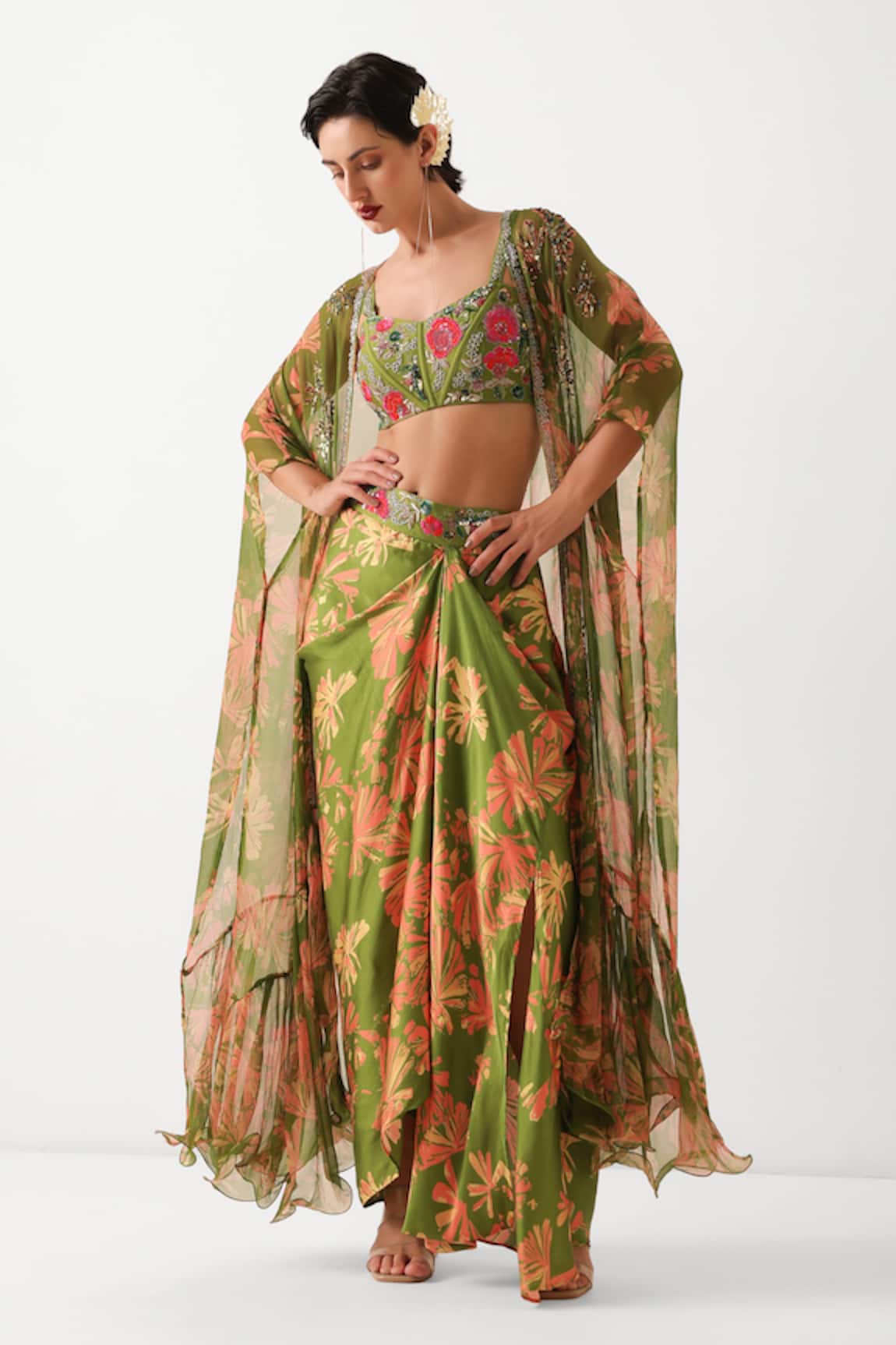 Pallavi Jaipur Avacado Green Teriza Draped Skirt Set 