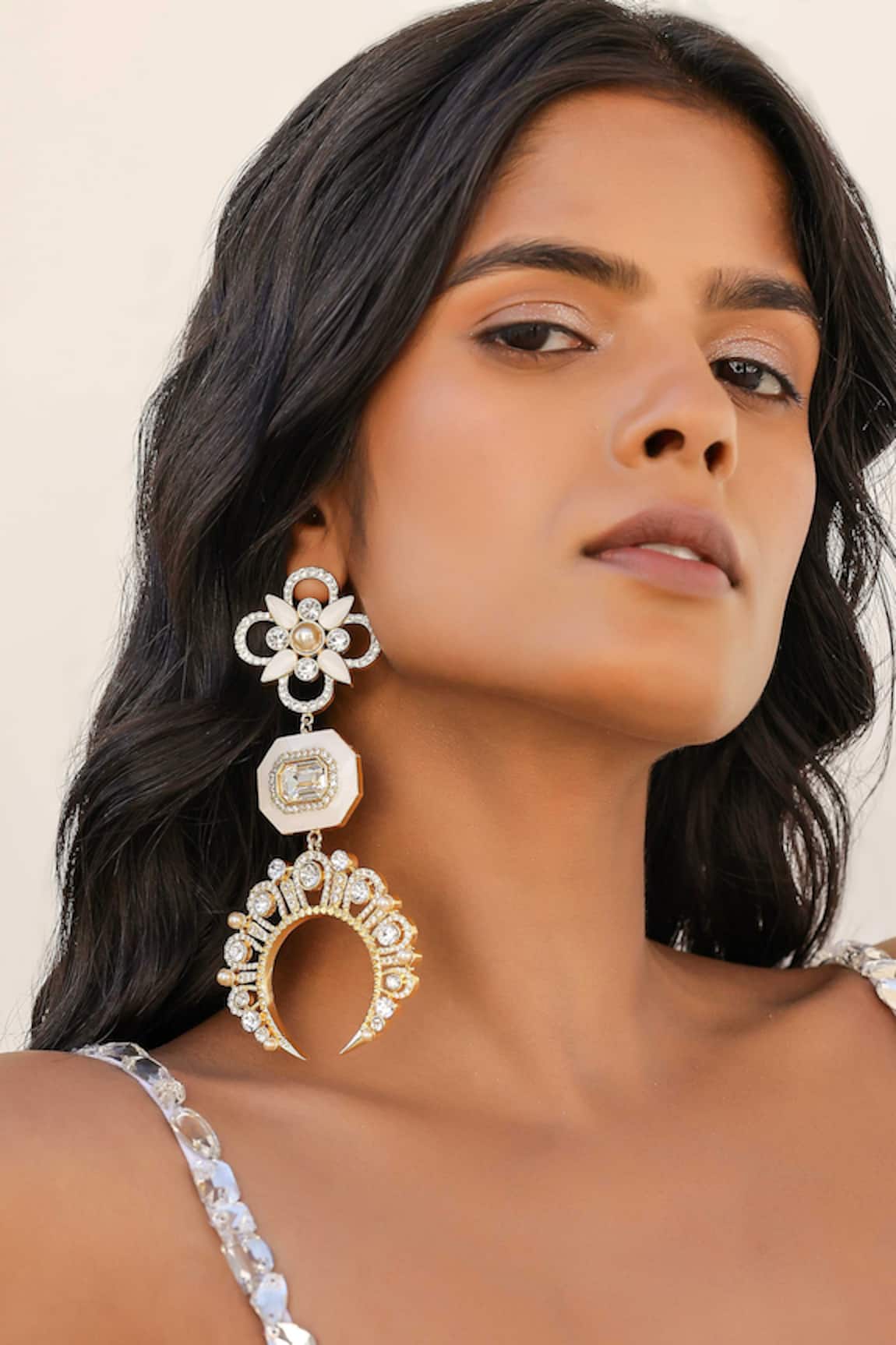 Bblingg Iraa Chaand Shoulder Grazers White Enamel & Swarovski Crystal Danglers 