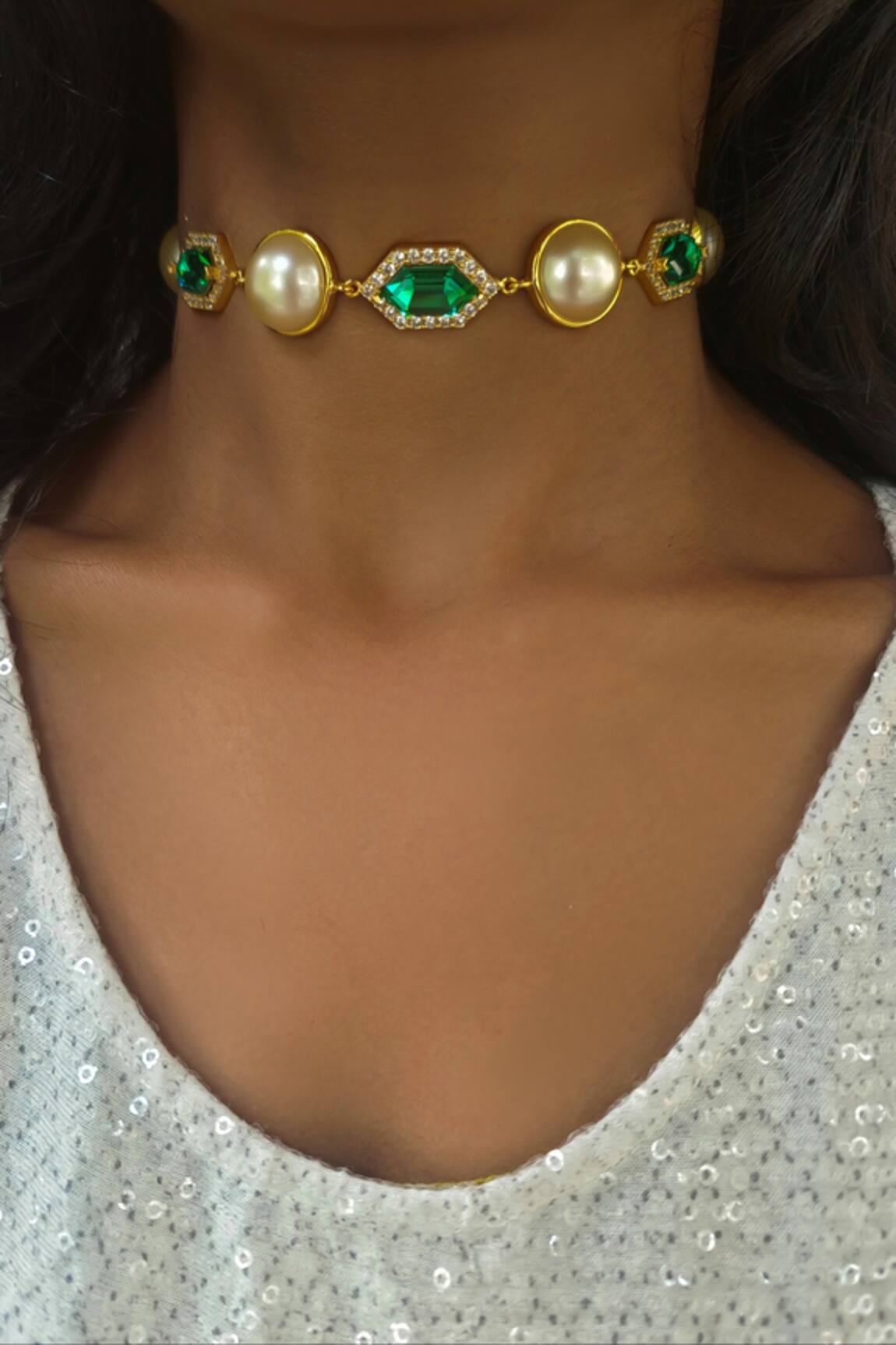 Bblingg Cavi Pearl Pearl & Emerald Green Crystal Choker 