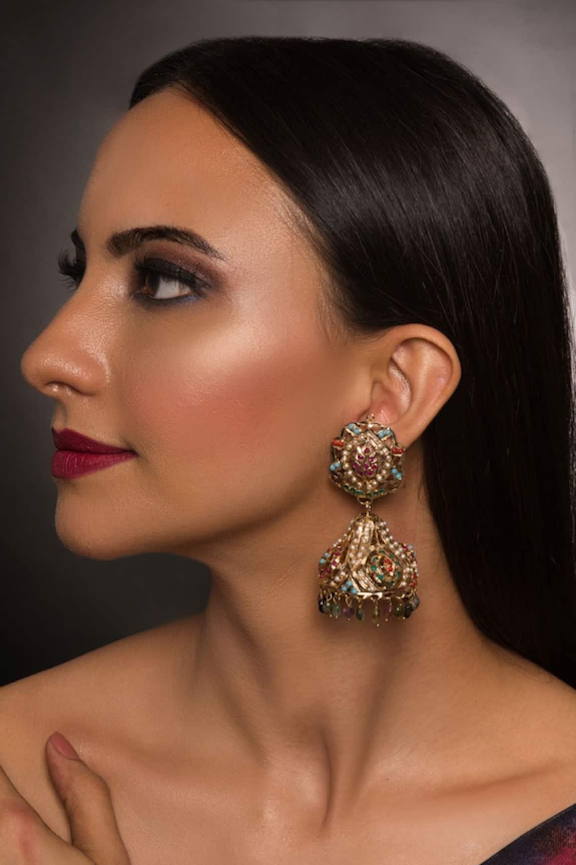 Queens Jewels Ditya Navratan Jadau Tourmaline Jhumka Earrings 
