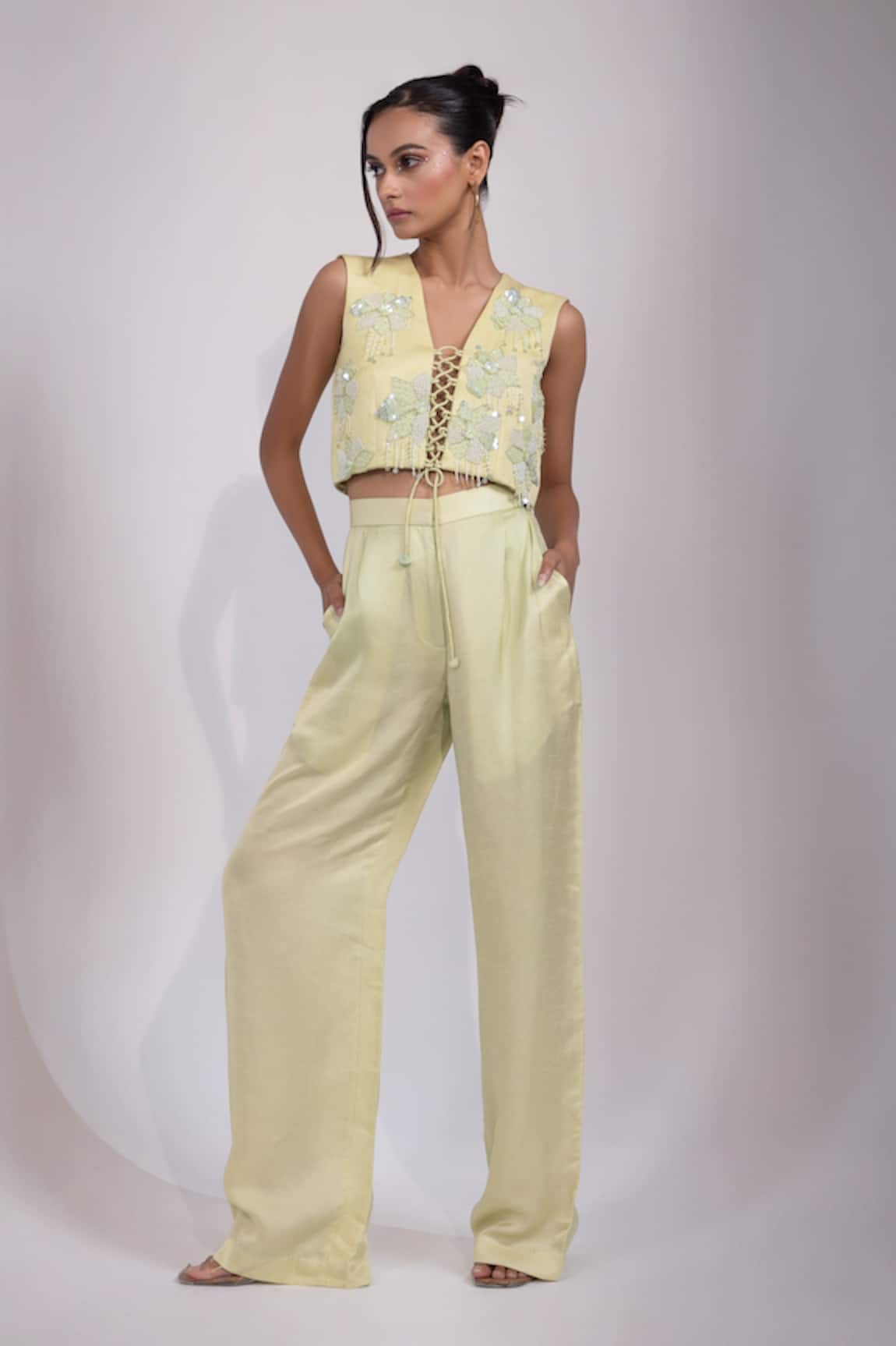 Yoseba Green Hand Embroidered Lace Up Top & Pant Set 