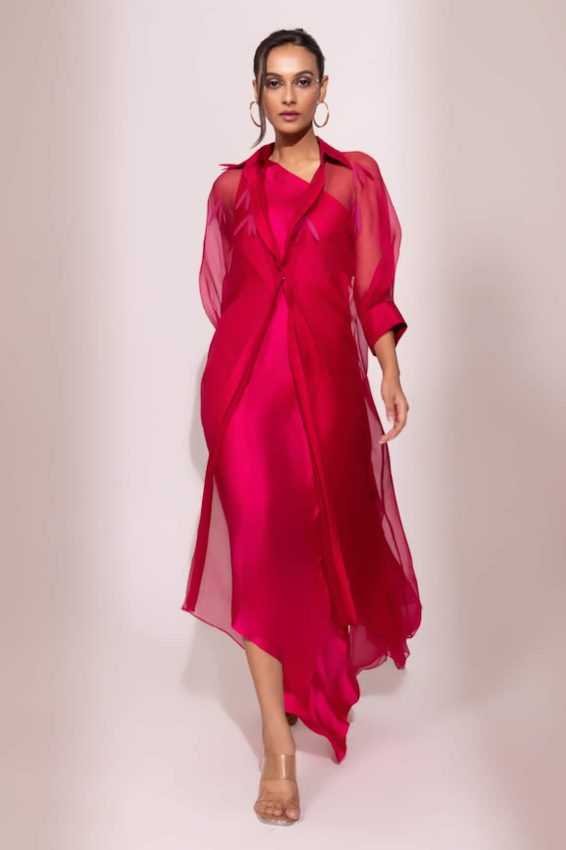 Yoseba Fuchsia Satin Gown with Sheer Overlay 