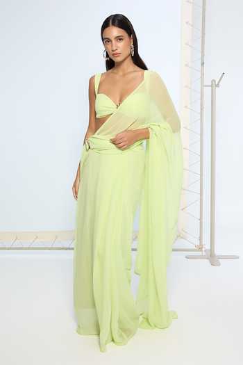 Ekaya Banaras Lime Green Movable Brooch Saree With Running Blouse 