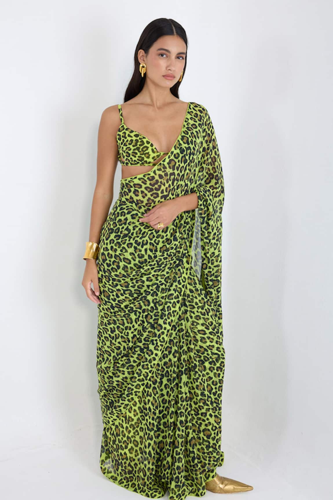 Ekaya Banaras Green Leopard Print Saree With Running Blouse