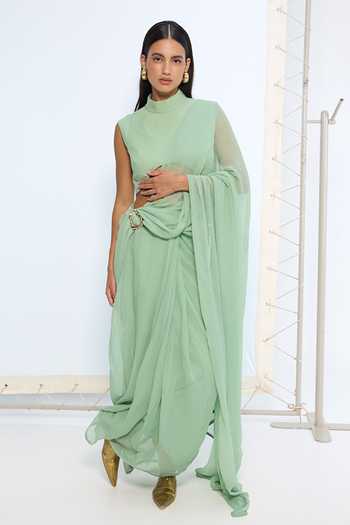 Ekaya Banaras Pale Green Brooch Saree With Running Blouse 