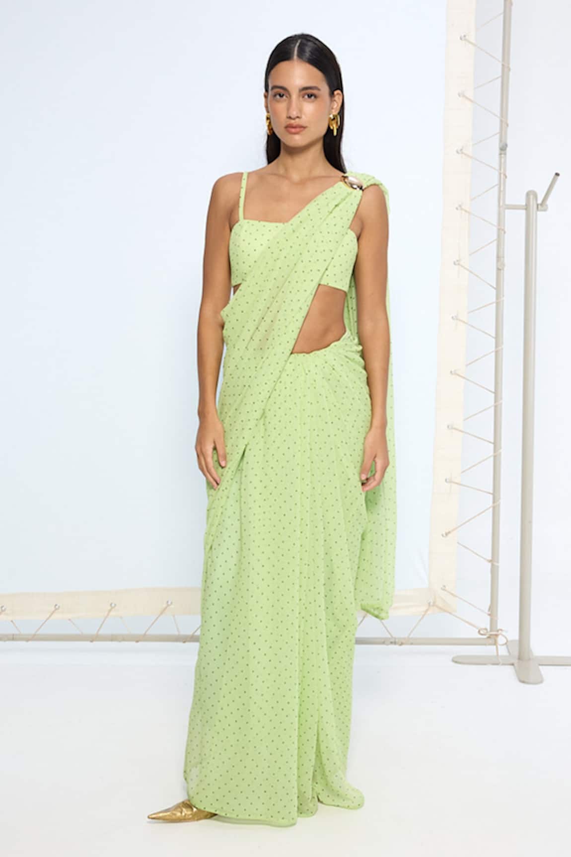 Ekaya Banaras Lime Green Polka Dotted Saree With Running Blouse 