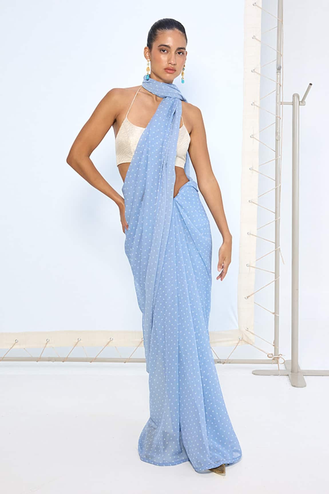 Ekaya Banaras Blue Polka Dotted saree With Running Blouse 