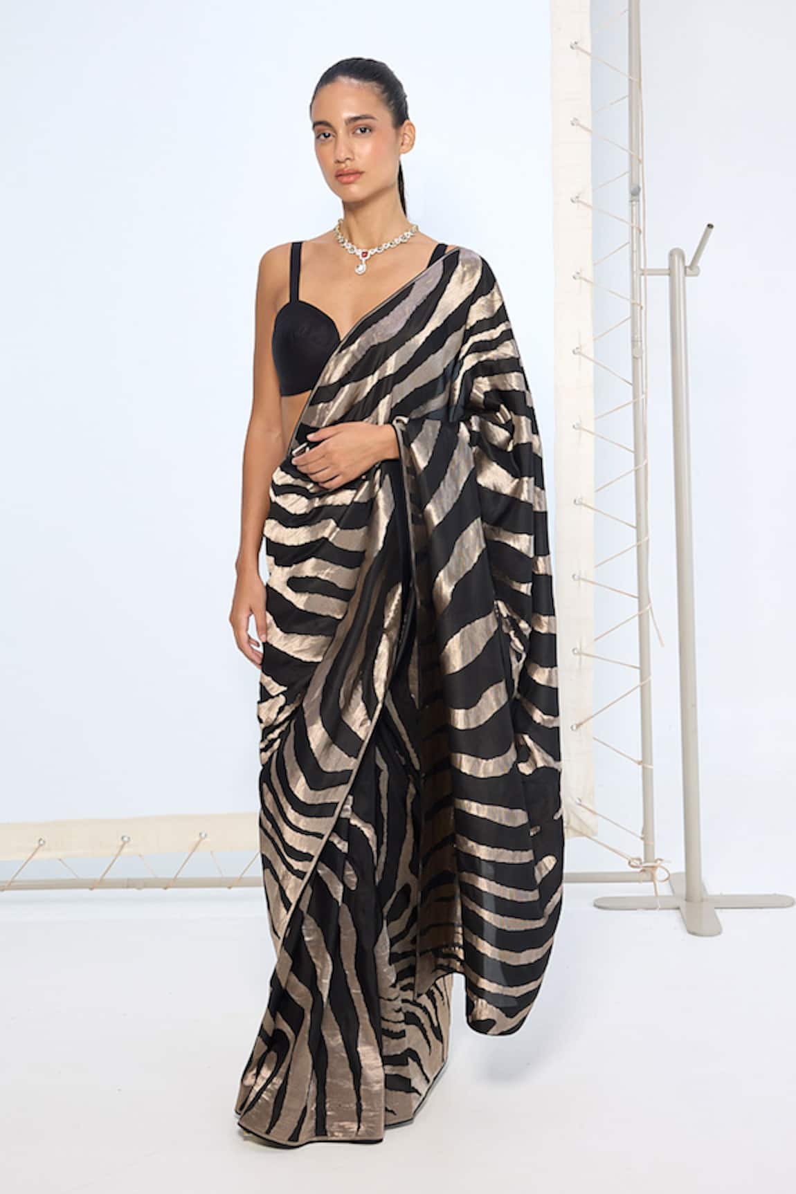 Ekaya Banaras Handwoven Black & Silver Silk Saree With Running Blouse 