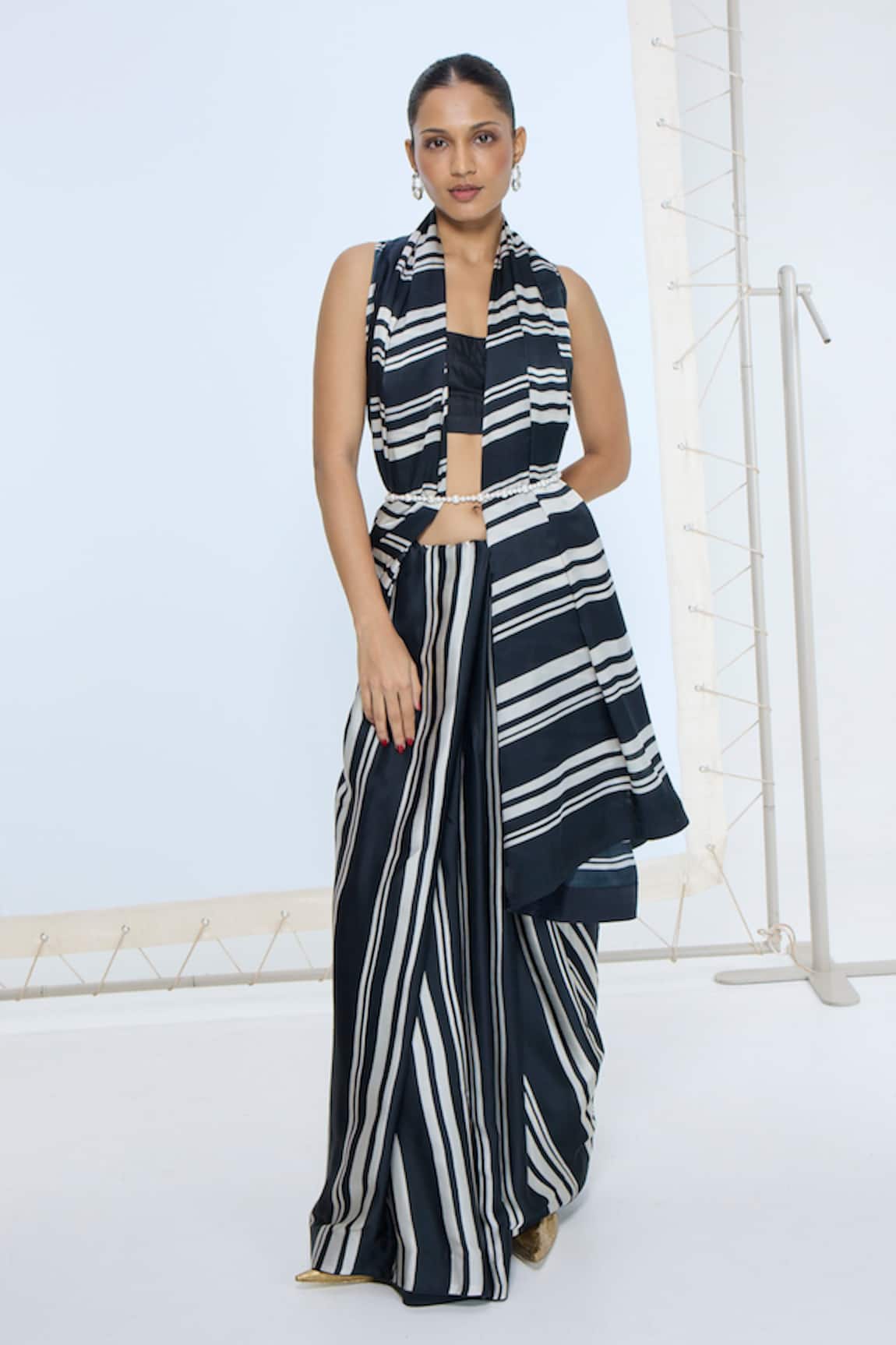 Ekaya Banaras Black & White Striped Saree With Running Blouse 