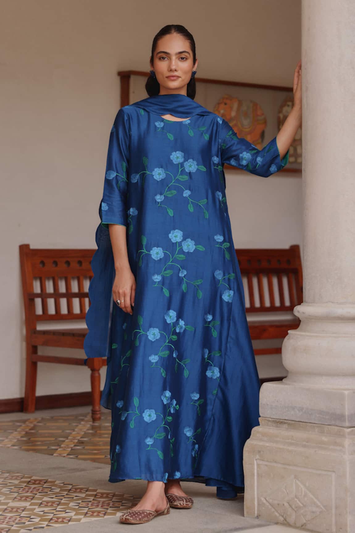 Vaayu Indigo Bloom Print Anarkali With Dupatta 