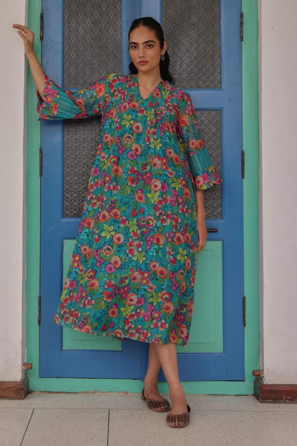 Vaayu Teal Bloom Print Dress 