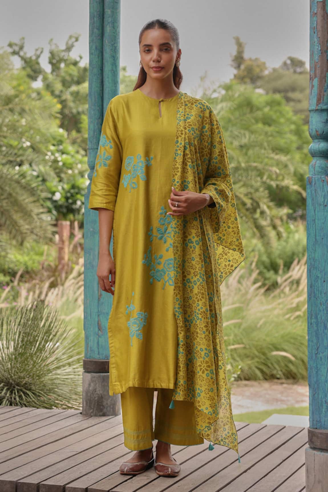 Vaayu Ochre Applique Embroidered Kurta Set 