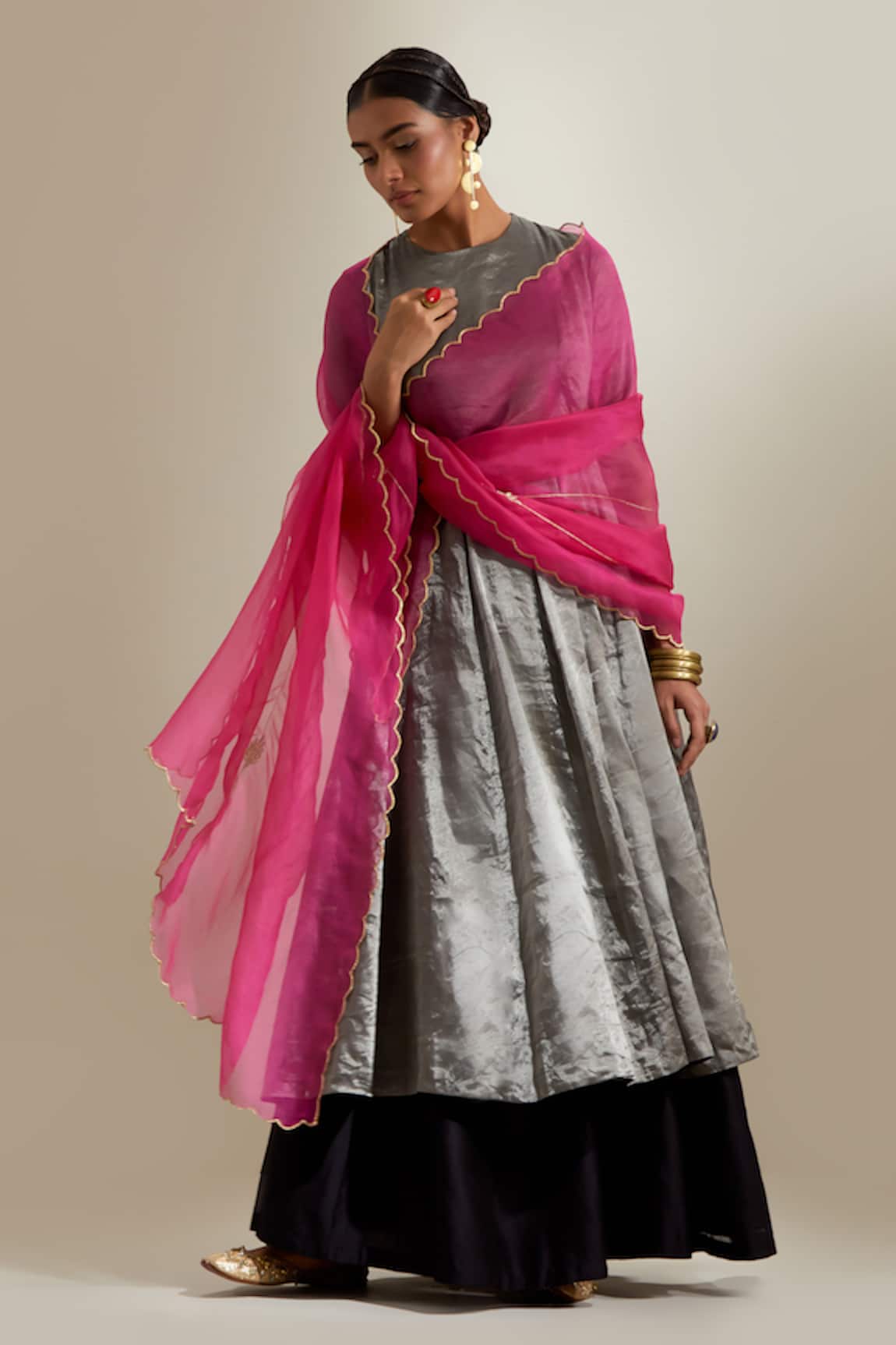 Vinusto Zari Silk Panelled Anarkali & Chanderi Palazzo Set 