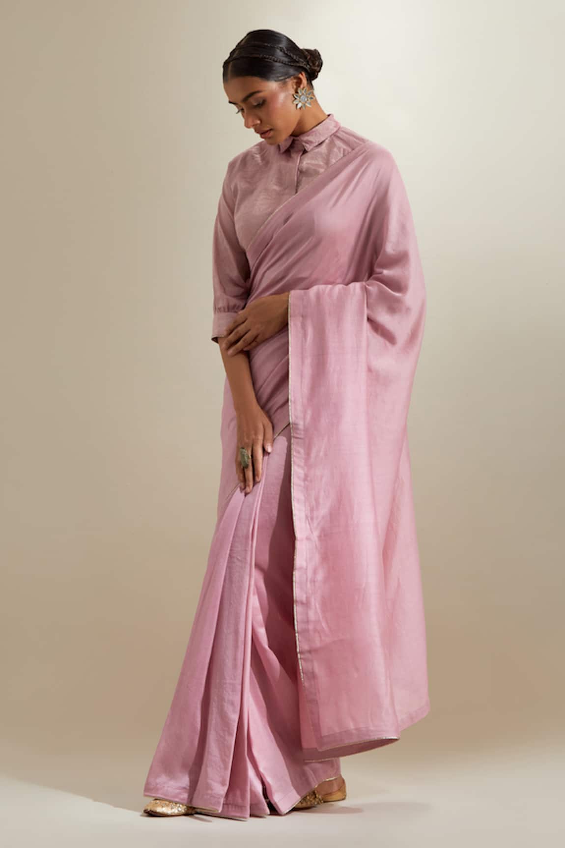 Vinusto Chanderi Zari Saree With Collared Blouse 