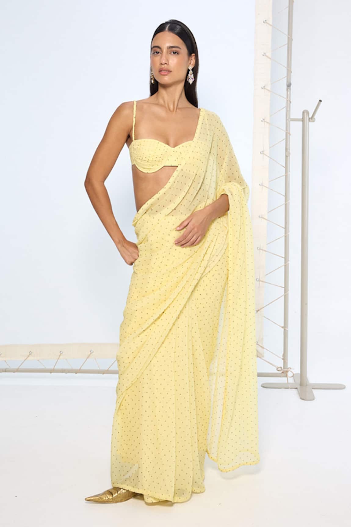 Ekaya Banaras Butter Yellow Polka Dotted Saree With Running Blouse 