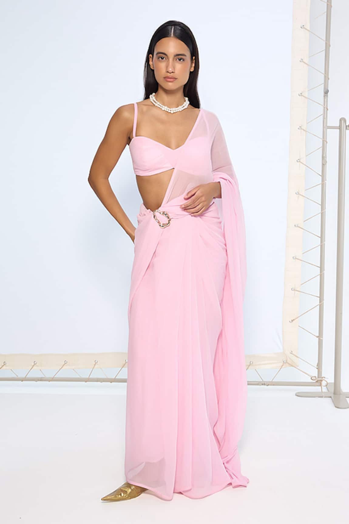 Ekaya Banaras Blush Pink Movable Brooch Saree With Running Blouse 