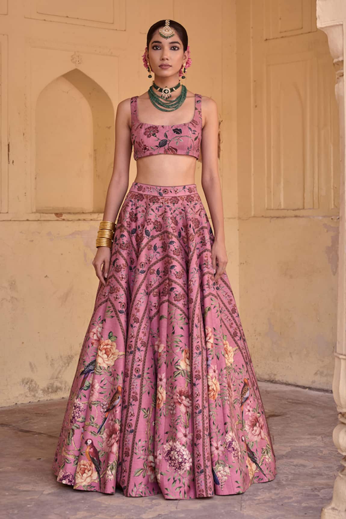 Irrau By Samir Mantri Nalini Floral & Bird Print Lehenga Set 