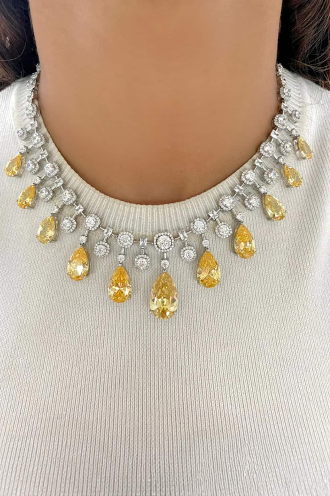 Prerto Rabta Citrine Tear Drops Circular Diamond Necklace Set 