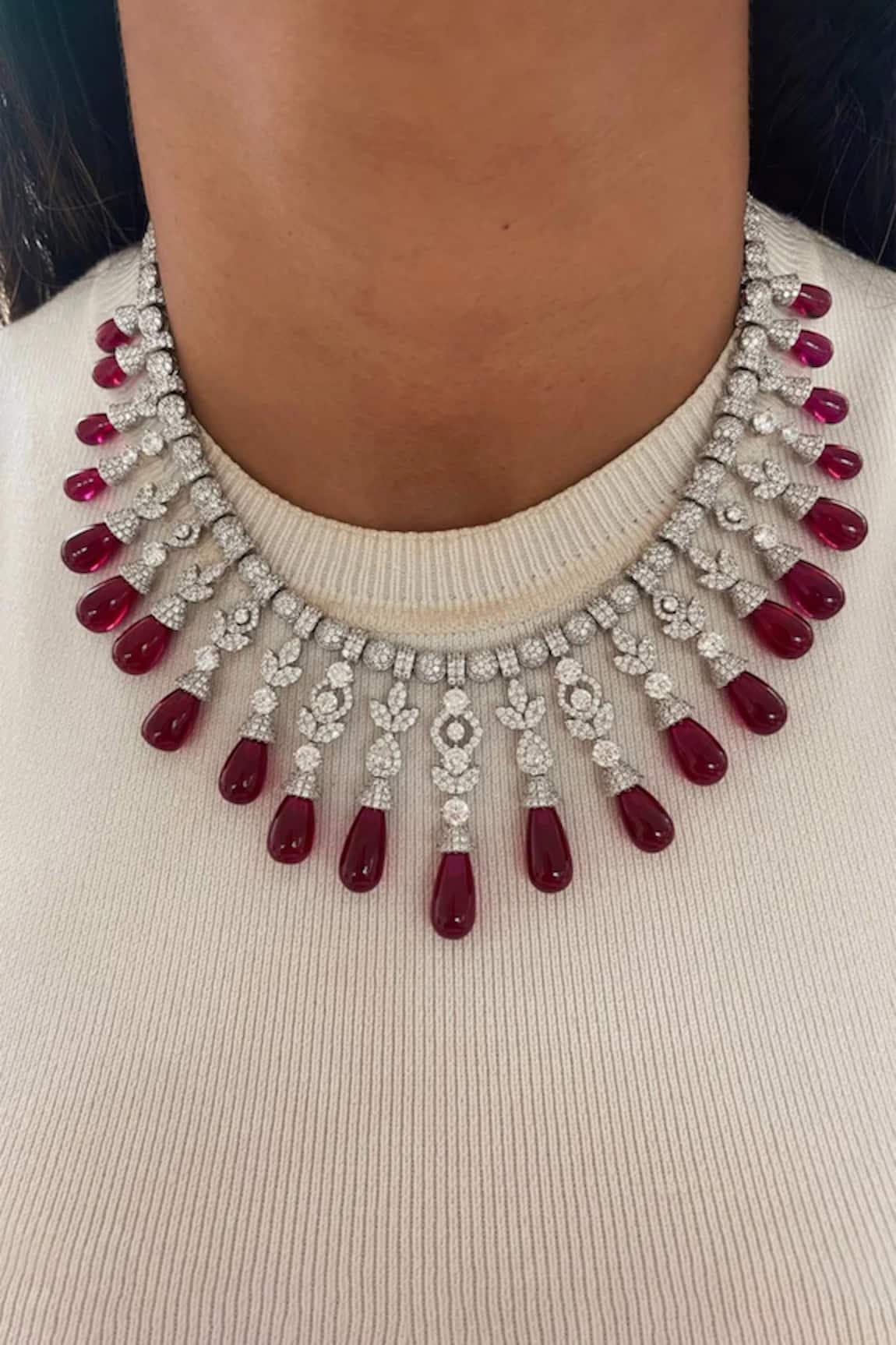 Prerto Ruby Drops Leaflet Diamond Circular Necklace Set 
