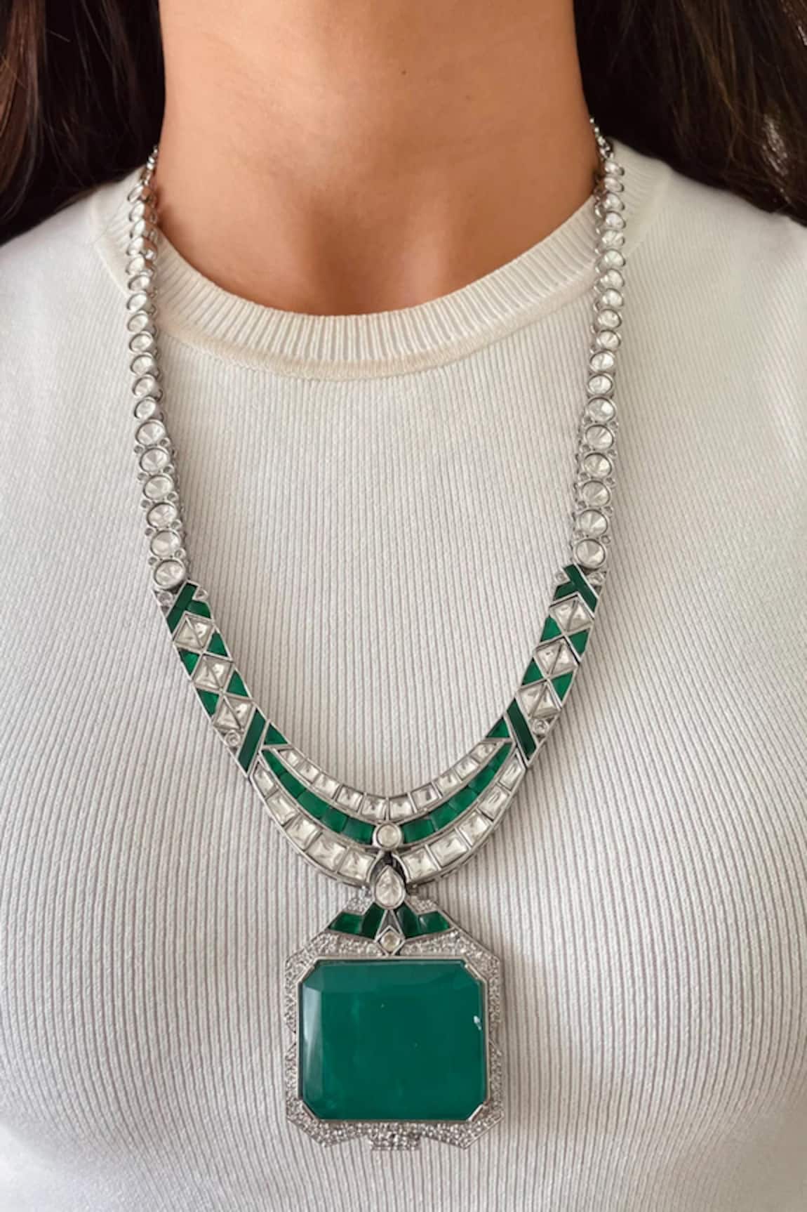 Prerto Emerald & Diamond Large Pendant Enchanted Dream Necklace Set 