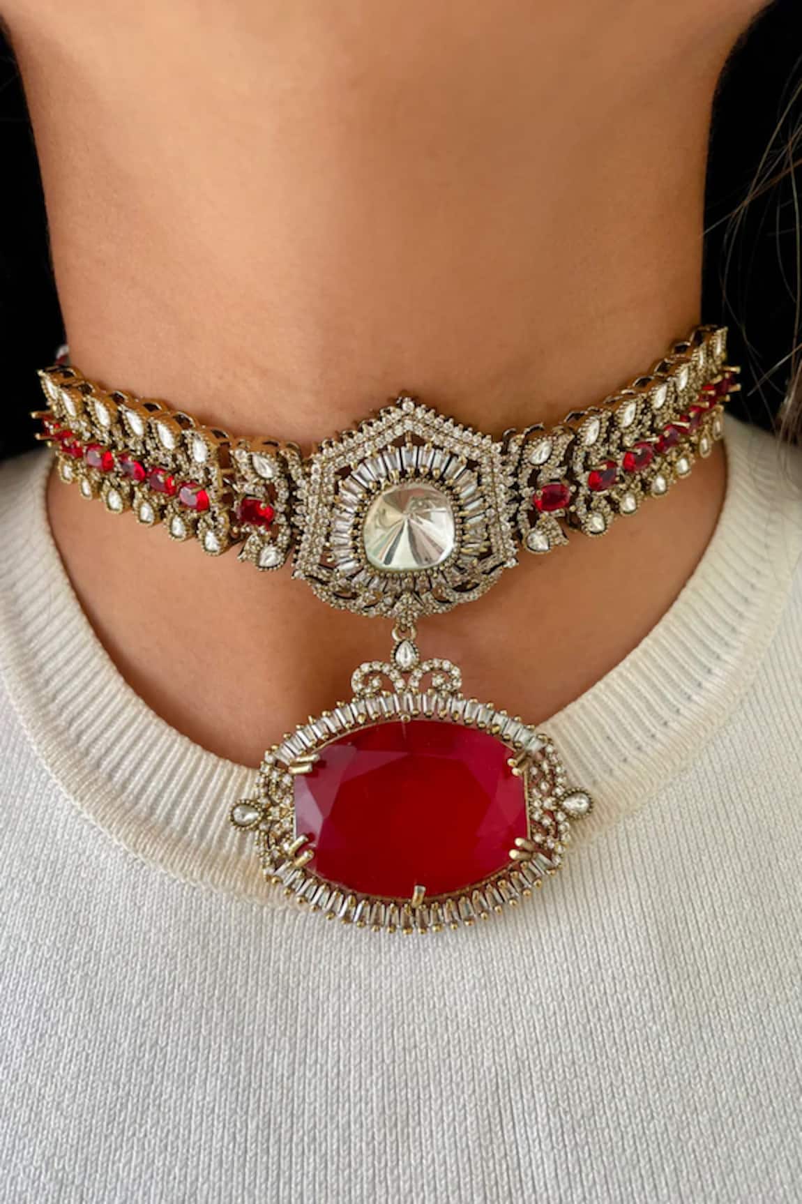 Prerto Baguette & Ruby Doublet Pendant Choker Set 