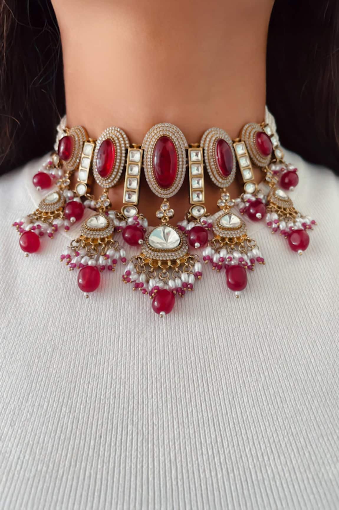 Prerto Roshanara Ruby Moissanite & Pearl Choker Set 