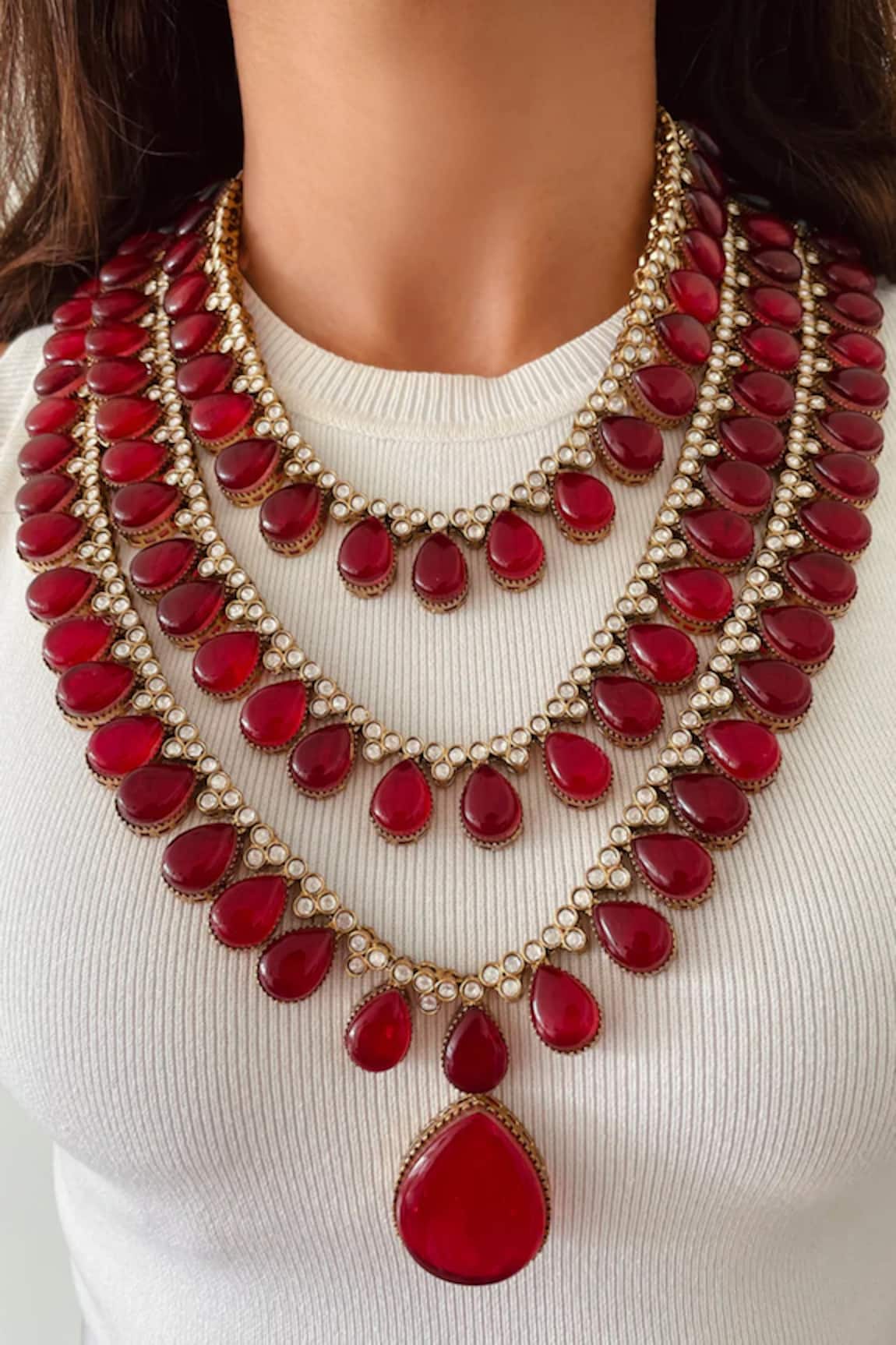 Prerto Maharani 3 Layer Ruby Doublet & Moissanite Necklace Set 