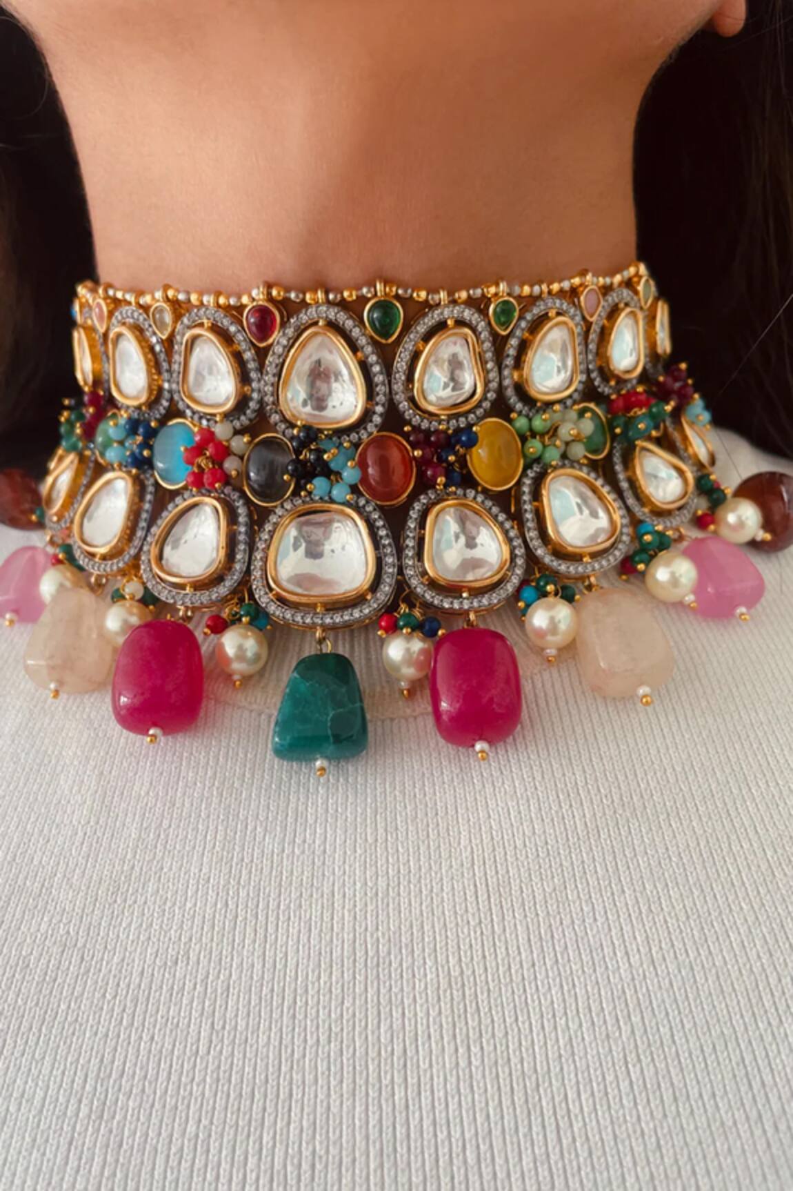 Prerto Moissanite & Pearl Polki Necklace Set 