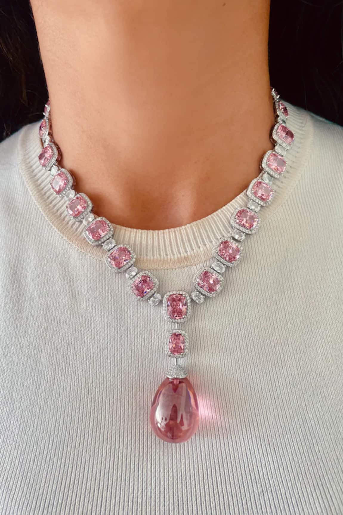 Prerto Zircon & Pink Stone Drop Necklace Set 